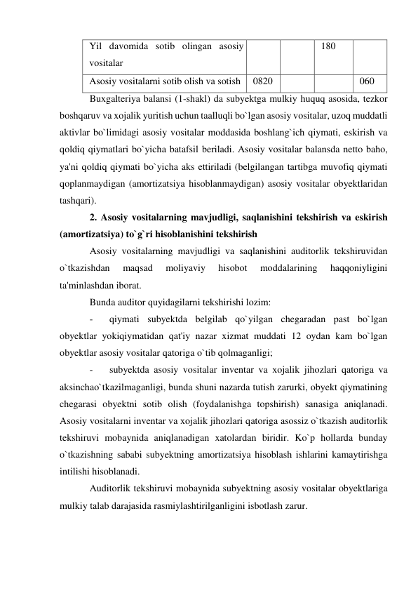 Yil davomida sotib olingan asosiy 
vositalar 
 
 
180 
 
Asosiy vositalarni sotib olish va sotish 
0820 
 
 
060 
Buxgalteriya balansi (1-shakl) da subyektga mulkiy huquq asosida, tezkor 
boshqaruv va xojalik yuritish uchun taalluqli bo`lgan asosiy vositalar, uzoq muddatli 
aktivlar bo`limidagi asosiy vositalar moddasida boshlang`ich qiymati, eskirish va 
qoldiq qiymatlari bo`yicha batafsil beriladi. Asosiy vositalar balansda netto baho, 
ya'ni qoldiq qiymati bo`yicha aks ettiriladi (belgilangan tartibga muvofiq qiymati 
qoplanmaydigan (amortizatsiya hisoblanmaydigan) asosiy vositalar obyektlaridan 
tashqari). 
2. Asosiy vositalarning mavjudligi, saqlanishini tekshirish va eskirish 
(amortizatsiya) to`g`ri hisoblanishini tekshirish 
Asosiy vositalarning mavjudligi va saqlanishini auditorlik tekshiruvidan 
o`tkazishdan 
maqsad 
moliyaviy 
hisobot 
moddalarining 
haqqoniyligini 
ta'minlashdan iborat. 
Bunda auditor quyidagilarni tekshirishi lozim: 
- 
qiymati subyektda belgilab qo`yilgan chegaradan past bo`lgan 
obyektlar yokiqiymatidan qat'iy nazar xizmat muddati 12 oydan kam bo`lgan 
obyektlar asosiy vositalar qatoriga o`tib qolmaganligi; 
- 
subyektda asosiy vositalar inventar va xojalik jihozlari qatoriga va 
aksinchao`tkazilmaganligi, bunda shuni nazarda tutish zarurki, obyekt qiymatining 
chegarasi obyektni sotib olish (foydalanishga topshirish) sanasiga aniqlanadi. 
Asosiy vositalarni inventar va xojalik jihozlari qatoriga asossiz o`tkazish auditorlik 
tekshiruvi mobaynida aniqlanadigan xatolardan biridir. Ko`p hollarda bunday 
o`tkazishning sababi subyektning amortizatsiya hisoblash ishlarini kamaytirishga 
intilishi hisoblanadi. 
Auditorlik tekshiruvi mobaynida subyektning asosiy vositalar obyektlariga 
mulkiy talab darajasida rasmiylashtirilganligini isbotlash zarur. 
