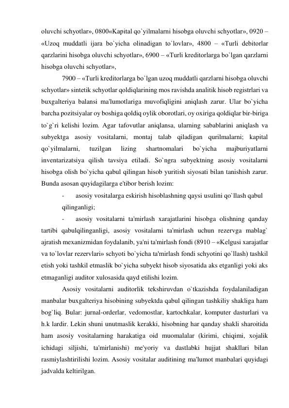 oluvchi schyotlar», 0800«Kapital qo`yilmalarni hisobga oluvchi schyotlar», 0920 – 
«Uzoq muddatli ijara bo`yicha olinadigan to`lovlar», 4800 – «Turli debitorlar 
qarzlarini hisobga oluvchi schyotlar», 6900 – «Turli kreditorlarga bo`lgan qarzlarni 
hisobga oluvchi schyotlar», 
7900 – «Turli kreditorlarga bo`lgan uzoq muddatli qarzlarni hisobga oluvchi 
schyotlar» sintetik schyotlar qoldiqlarining mos ravishda analitik hisob registrlari va 
buxgalteriya balansi ma'lumotlariga muvofiqligini aniqlash zarur. Ular bo`yicha 
barcha pozitsiyalar oy boshiga qoldiq oylik oborotlari, oy oxiriga qoldiqlar bir-biriga 
to`g`ri kelishi lozim. Agar tafovutlar aniqlansa, ularning sabablarini aniqlash va 
subyektga asosiy vositalarni, montaj talab qiladigan qurilmalarni; kapital 
qo`yilmalarni, 
tuzilgan 
lizing 
shartnomalari 
bo`yicha 
majburiyatlarni 
inventarizatsiya qilish tavsiya etiladi. So`ngra subyektning asosiy vositalarni 
hisobga olish bo`yicha qabul qilingan hisob yuritish siyosati bilan tanishish zarur. 
Bunda asosan quyidagilarga e'tibor berish lozim: 
- 
asosiy vositalarga eskirish hisoblashning qaysi usulini qo`llash qabul 
qilinganligi; 
- 
asosiy vositalarni ta'mirlash xarajatlarini hisobga olishning qanday 
tartibi qabulqilinganligi, asosiy vositalarni ta'mirlash uchun rezervga mablag` 
ajratish mexanizmidan foydalanib, ya'ni ta'mirlash fondi (8910 – «Kelgusi xarajatlar 
va to`lovlar rezervlari» schyoti bo`yicha ta'mirlash fondi schyotini qo`llash) tashkil 
etish yoki tashkil etmaslik bo`yicha subyekt hisob siyosatida aks etganligi yoki aks 
etmaganligi auditor xulosasida qayd etilishi lozim. 
Asosiy vositalarni auditorlik tekshiruvdan o`tkazishda foydalaniladigan 
manbalar buxgalteriya hisobining subyektda qabul qilingan tashkiliy shakliga ham 
bog`liq. Bular: jurnal-orderlar, vedomostlar, kartochkalar, komputer dasturlari va 
h.k lardir. Lekin shuni unutmaslik kerakki, hisobning har qanday shakli sharoitida 
ham asosiy vositalarning harakatiga oid muomalalar (kirimi, chiqimi, xojalik 
ichidagi siljishi, ta'mirlanishi) me'yoriy va dastlabki hujjat shakllari bilan 
rasmiylashtirilishi lozim. Asosiy vositalar auditining ma'lumot manbalari quyidagi 
jadvalda keltirilgan. 
