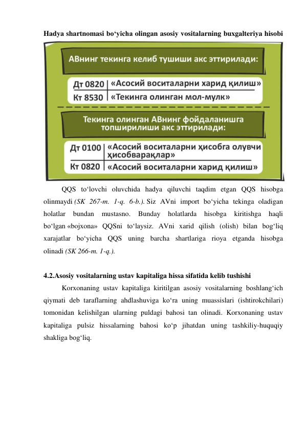 Hadya shartnomasi bo‘yicha olingan asosiy vositalarning buxgalteriya hisobi
 
QQS to‘lovchi oluvchida hadya qiluvchi taqdim etgan QQS hisobga 
olinmaydi (SK 267-m. 1-q. 6-b.). Siz AVni import bo‘yicha tekinga oladigan 
holatlar 
bundan mustasno. 
Bunday 
holatlarda hisobga 
kiritishga haqli 
bo‘lgan «bojxona» QQSni to‘laysiz. AVni xarid qilish (olish) bilan bog‘liq 
xarajatlar bo‘yicha QQS uning barcha shartlariga rioya etganda hisobga 
olinadi (SK 266-m. 1-q.). 
 
4.2.Asosiy vositalarning ustav kapitaliga hissa sifatida kelib tushishi 
Korxonaning ustav kapitaliga kiritilgan asosiy vositalarning boshlang‘ich 
qiymati deb taraflarning ahdlashuviga ko‘ra uning muassislari (ishtirokchilari) 
tomonidan kelishilgan ularning puldagi bahosi tan olinadi. Korxonaning ustav 
kapitaliga pulsiz hissalarning bahosi ko‘p jihatdan uning tashkiliy-huquqiy 
shakliga bog‘liq. 
