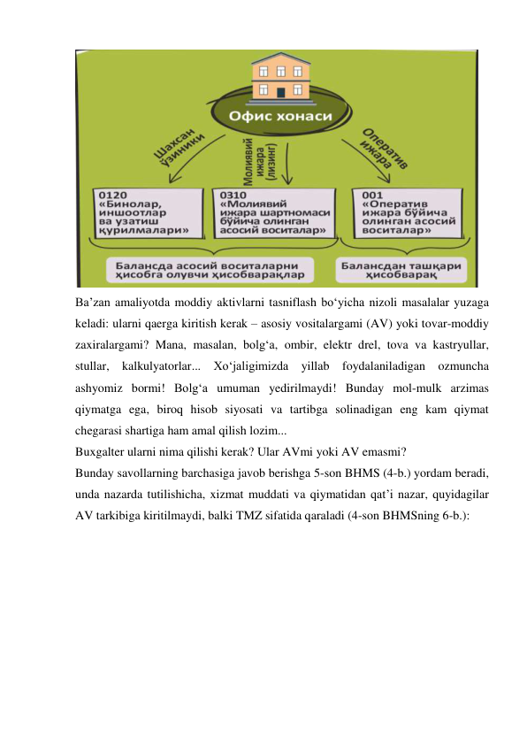  
Ba’zan amaliyotda moddiy aktivlarni tasniflash bo‘yicha nizoli masalalar yuzaga 
keladi: ularni qaerga kiritish kerak – asosiy vositalargami (AV) yoki tovar-moddiy 
zaxiralargami? Mana, masalan, bolg‘a, ombir, elektr drel, tova va kastryullar, 
stullar, kalkulyatorlar... Xo‘jaligimizda yillab foydalaniladigan ozmuncha 
ashyomiz bormi! Bolg‘a umuman yedirilmaydi! Bunday mol-mulk arzimas 
qiymatga ega, biroq hisob siyosati va tartibga solinadigan eng kam qiymat 
chegarasi shartiga ham amal qilish lozim... 
Buxgalter ularni nima qilishi kerak? Ular AVmi yoki AV emasmi? 
Bunday savollarning barchasiga javob berishga 5-son BHMS (4-b.) yordam beradi, 
unda nazarda tutilishicha, xizmat muddati va qiymatidan qat’i nazar, quyidagilar 
AV tarkibiga kiritilmaydi, balki TMZ sifatida qaraladi (4-son BHMSning 6-b.): 
