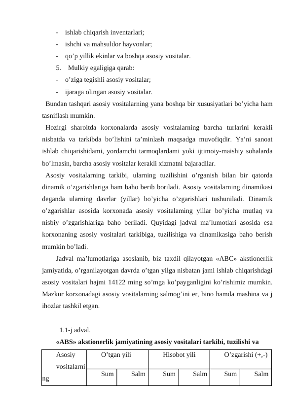 -    ishlab chiqarish invеntarlari;
-    ishchi va mahsuldor hayvonlar;
-    qo’p yillik ekinlar va boshqa asosiy vositalar.
5.    Mulkiy egaligiga qarab:
-    o’ziga tеgishli asosiy vositalar;
-    ijaraga olingan asosiy vositalar.
Bundan tashqari asosiy vositalarning yana boshqa bir хususiyatlari bo’yicha ham
tasniflash mumkin.
Hozirgi  sharoitda  korxonalarda  asosiy  vositalarning  barcha  turlarini  kerakli
nisbatda va tarkibda bo’lishini ta’minlash maqsadga muvofiqdir. Ya’ni sanoat
ishlab chiqarishidami, yordamchi tarmoqlardami yoki ijtimoiy-maishiy sohalarda
bo’lmasin, barcha asosiy vositalar kerakli xizmatni bajaradilar.
Asosiy  vositalarning  tarkibi,  ularning  tuzilishini  o’rganish  bilan  bir  qatorda
dinamik o’zgarishlariga ham baho berib boriladi. Asosiy vositalarning dinamikasi
deganda  ularning  davrlar  (yillar)  bo’yicha  o’zgarishlari  tushuniladi.  Dinamik
o’zgarishlar  asosida  korxonada  asosiy  vositalaming  yillar  bo’yicha  mutlaq  va
nisbiy o’zgarishlariga baho beriladi. Quyidagi jadval ma’lumotlari asosida esa
korxonaning asosiy vositalari tarkibiga, tuzilishiga va dinamikasiga baho berish
mumkin bo’ladi.
Jadval ma’lumotlariga asoslanib, biz taхdil qilayotgan «ABC» akstionerlik
jamiyatida, o’rganilayotgan davrda o’tgan yilga nisbatan jami ishlab chiqarishdagi
asosiy vositalari hajmi 14122 ming so’mga ko’payganligini ko’rishimiz mumkin.
Mazkur korxonadagi asosiy vositalarning salmog’ini er, bino hamda mashina va j
ihozlar tashkil etgan.  
  1.1-j adval.
«ABS» akstionerlik jamiyatining asosiy vositalari tarkibi, tuzilishi va 
Asosiy
vositalarni
ng
O’tgan yili
Hisobot yili
O’zgarishi (+,-)
Sum
Salm
Sum
Salm
Sum
Salm
