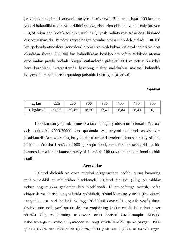 gravitatsion taqsimoti jarayoni asosiy rolni o’ynaydi. Bundan tashqari 100 km dan
yuqori balandliklarda havo tarkibining o’zgarishlariga olib keluvchi asosiy jarayon
– 0,24 mkm dan kichik to’lqin uzunlikli Quyosh radiatsiyasi ta’siridagi kislorod
dissotsiatsiyasidir. Bunday zaryadlangan atomlar atomar ion deb ataladi. 100-150
km qatlamda atmosfera (ionosfera) atomar va molekulyar kislorod ionlari va azot
oksididan iborat. 250-300 km balandlikdan boshlab atmosfera tarkibida atomar
azot ionlari paydo bo’ladi. Yuqori qatlamlarda gidroksil OH va natriy Na izlari
ham  kuzatiladi.  Geterosferada  havoning  nisbiy  molekulyar  massasi  balandlik
bo’yicha kamayib borishi quyidagi jadvalda keltirilgan (4-jadval).
4-jadval
z, km
225
250
300
350
400
450
500
µ, kg/kmol
21,28
20,15
18,50
17,47
16,84
16,43
16,1
1000 km dan yuqorida atmosfera tarkibida geliy ulushi ortib boradi. Yer toji
deb  ataluvchi  2000-20000  km  qatlamda  esa  neytral  vodorod  asosiy  gaz
hisoblanadi. Atmosferaning bu yuqori qatlamlarida vodorod kontsentratsiyasi juda
kichik – o’rtacha 1 sm3 da 1000 ga yaqin ionni, atmosferadan tashqarida, ochiq
kosmosda esa ionlar kontsentratsiyasi 1 sm3 da 100 ta va undan kam ionni tashkil
etadi.
Aerozollar
Uglerod dioksidi  va ozon miqdori o’zgaruvchan bo’lib, quruq havoning
muhim  tashkil  etuvchilaridan  hisoblanadi.  Uglerod  dioksidi  (SO2)  o’simliklar
uchun  eng  muhim  gazlardan  biri  hisoblanadi.  U  atmosferaga  yonish,  nafas
chiqarish va chirish jarayonlarida qo’shiladi, o’simliklarning yutishi (fotosintez)
jarayonida esa sarf  bo’ladi. So’nggi  70-80 yil davomida organik yoqilg’ilarni
(toshko’mir, neft, gaz) qazib olish va yoqishning keskin ortishi bilan butun yer
sharida  CO2
 miqdorining  to’xtovsiz  ortib  borishi  kuzatilmoqda.  Mavjud
baholashlarga muvofiq CO2  miqdori bu vaqt ichida 10-12% ga ko’paygan: 1900
yilda 0,029% dan 1980 yilda 0,033%, 2000 yilda esa 0,036% ni tashkil etgan.
