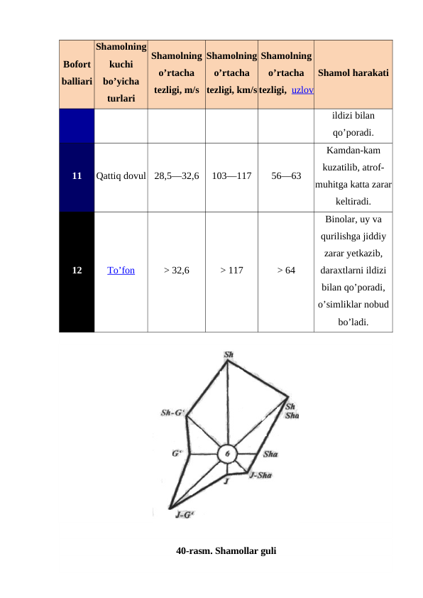 Bofort
balliari
Shamolning
kuchi
bo’yicha
turlari
Shamolning
o’rtacha
tezligi, m/s
Shamolning
o’rtacha
tezligi, km/s
Shamolning
o’rtacha
tezligi,  uzlov
Shamol harakati
ildizi bilan
qo’poradi.
11
Qattiq dovul
28,5—32,6
103—117
56—63
Kamdan-kam
kuzatilib, atrof-
muhitga katta zarar
keltiradi.
12
To’fon
> 32,6
> 117
> 64
Binolar, uy va
qurilishga jiddiy
zarar yetkazib,
daraxtlarni ildizi
bilan qo’poradi,
o’simliklar nobud
bo’ladi.
40-rasm. Shamollar guli
