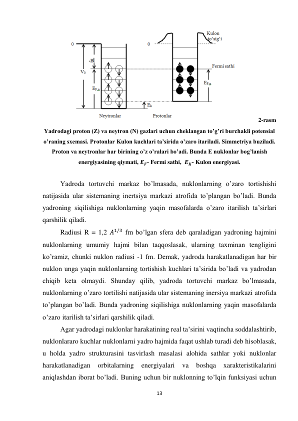 13 
 
              
            2-rasm  
Yadrodagi proton (Z) va neytron (N) gazlari uchun cheklangan to’g’ri burchakli potensial 
o’raning sxemasi. Protonlar Kulon kuchlari ta’sirida o’zaro itariladi. Simmetriya buziladi. 
Proton va neytronlar har birining o’z o’ralari bo’adi. Bunda E nuklonlar bog’lanish 
energiyasining qiymati, 𝑬𝑭- Fermi sathi,  𝑬𝑲- Kulon energiyasi. 
 
Yadroda tortuvchi markaz bo’lmasada, nuklonlarning o’zaro tortishishi 
natijasida ular sistemaning inertsiya markazi atrofida to’plangan bo’ladi. Bunda 
yadroning siqilishiga nuklonlarning yaqin masofalarda o’zaro itarilish ta’sirlari 
qarshilik qiladi. 
Radiusi R = 1,2 𝐴1/3 fm bo’lgan sfera deb qaraladigan yadroning hajmini 
nuklonlarning umumiy hajmi bilan taqqoslasak, ularning taxminan tengligini 
ko’ramiz, chunki nuklon radiusi -1 fm. Demak, yadroda harakatlanadigan har bir 
nuklon unga yaqin nuklonlarning tortishish kuchlari ta’sirida bo’ladi va yadrodan 
chiqib keta olmaydi. Shunday qilib, yadroda tortuvchi markaz bo’lmasada, 
nuklonlarning o’zaro tortilishi natijasida ular sistemaning inersiya markazi atrofida 
to’plangan bo’ladi. Bunda yadroning siqilishiga nuklonlarning yaqin masofalarda 
o’zaro itarilish ta’sirlari qarshilik qiladi. 
Agar yadrodagi nuklonlar harakatining real ta’sirini vaqtincha soddalashtirib, 
nuklonlararo kuchlar nuklonlarni yadro hajmida faqat ushlab turadi deb hisoblasak, 
u holda yadro strukturasini tasvirlash masalasi alohida sathlar yoki nuklonlar 
harakatlanadigan orbitalarning 
energiyalari 
va 
boshqa 
xarakteristikalarini 
aniqlashdan iborat bo’ladi. Buning uchun bir nuklonning to’lqin funksiyasi uchun 
