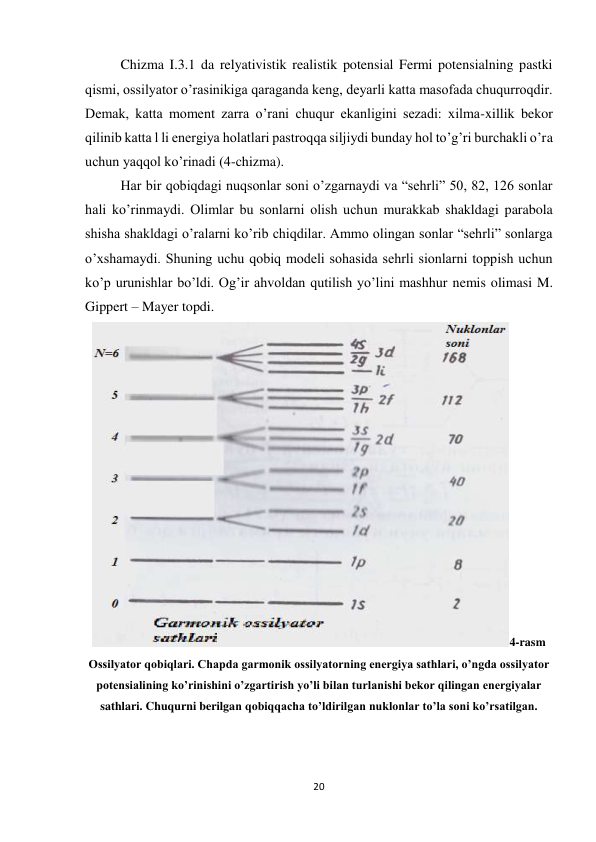 20 
 
Chizma I.3.1 da relyativistik realistik potensial Fermi potensialning pastki 
qismi, ossilyator o’rasinikiga qaraganda keng, deyarli katta masofada chuqurroqdir. 
Demak, katta moment zarra o’rani chuqur ekanligini sezadi: xilma-xillik bekor 
qilinib katta l li energiya holatlari pastroqqa siljiydi bunday hol to’g’ri burchakli o’ra 
uchun yaqqol ko’rinadi (4-chizma). 
Har bir qobiqdagi nuqsonlar soni o’zgarnaydi va “sehrli” 50, 82, 126 sonlar 
hali ko’rinmaydi. Olimlar bu sonlarni olish uchun murakkab shakldagi parabola 
shisha shakldagi o’ralarni ko’rib chiqdilar. Ammo olingan sonlar “sehrli” sonlarga 
o’xshamaydi. Shuning uchu qobiq modeli sohasida sehrli sionlarni toppish uchun 
ko’p urunishlar bo’ldi. Og’ir ahvoldan qutilish yo’lini mashhur nemis olimasi M. 
Gippert – Mayer topdi. 
4-rasm 
Ossilyator qobiqlari. Chapda garmonik ossilyatorning energiya sathlari, o’ngda ossilyator 
potensialining ko’rinishini o’zgartirish yo’li bilan turlanishi bekor qilingan energiyalar 
sathlari. Chuqurni berilgan qobiqqacha to’ldirilgan nuklonlar to’la soni ko’rsatilgan. 
 
