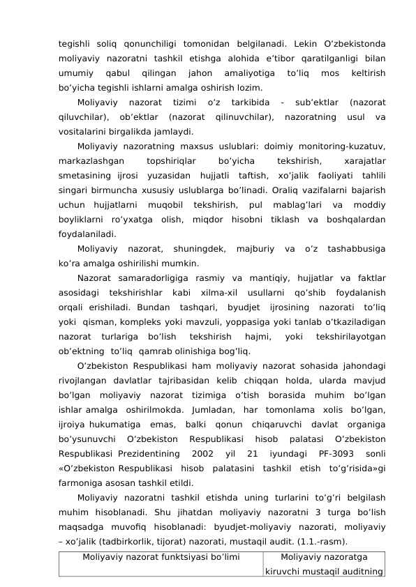tegishli soliq qonunchiligi tomonidan belgilanadi. Lekin O’zbekistonda
moliyaviy nazoratni tashkil etishga alohida e’tibor qaratilganligi bilan
umumiy 
qabul 
qilingan 
jahon 
amaliyotiga 
to’liq 
mos 
keltirish
bo’yicha tegishli ishlarni amalga oshirish lozim.
Moliyaviy 
nazorat 
tizimi 
o’z 
tarkibida 
- 
sub’ektlar 
(nazorat
qiluvchilar), 
ob’ektlar 
(nazorat 
qilinuvchilar), 
nazoratning 
usul 
va
vositalarini birgalikda jamlaydi.
Moliyaviy nazoratning maxsus uslublari: doimiy monitoring-kuzatuv,
markazlashgan 
topshiriqlar 
bo’yicha 
tekshirish, 
xarajatlar
smetasining ijrosi yuzasidan hujjatli taftish, xo’jalik faoliyati tahlili
singari birmuncha xususiy uslublarga bo’linadi. Oraliq vazifalarni bajarish
uchun hujjatlarni 
muqobil 
tekshirish, 
pul 
mablag’lari 
va 
moddiy
boyliklarni ro’yxatga olish, miqdor hisobni tiklash va boshqalardan
foydalaniladi.
Moliyaviy 
nazorat, 
shuningdek, 
majburiy 
va 
o’z 
tashabbusiga
ko’ra amalga oshirilishi mumkin.
Nazorat samaradorligiga rasmiy va mantiqiy, hujjatlar va faktlar
asosidagi 
tekshirishlar 
kabi 
xilma-xil 
usullarni 
qo’shib 
foydalanish
orqali erishiladi. Bundan 
tashqari, 
byudjet 
ijrosining 
nazorati 
to’liq
yoki qisman, kompleks yoki mavzuli, yoppasiga yoki tanlab o’tkaziladigan
nazorat 
turlariga 
bo’lish 
tekshirish 
hajmi, 
yoki 
tekshirilayotgan
ob’ektning to’liq qamrab olinishiga bog’liq.
O’zbekiston Respublikasi ham moliyaviy nazorat sohasida jahondagi
rivojlangan davlatlar tajribasidan kelib chiqqan holda, ularda mavjud
bo’lgan moliyaviy nazorat tizimiga o’tish borasida muhim bo’lgan
ishlar amalga oshirilmokda. Jumladan, har tomonlama xolis bo’lgan,
ijroiya hukumatiga emas, balki qonun chiqaruvchi davlat organiga
bo’ysunuvchi 
O’zbekiston  Respublikasi
 hisob  palatasi
 O’zbekiston
Respublikasi Prezidentining 
2002 
yil 
21 
iyundagi 
PF-3093 
sonli
«O’zbekiston Respublikasi hisob palatasini tashkil etish to’g’risida»gi
farmoniga asosan tashkil etildi.
Moliyaviy nazoratni tashkil etishda uning turlarini to’g’ri belgilash
muhim hisoblanadi. Shu jihatdan moliyaviy nazoratni 3 turga bo’lish
maqsadga muvofiq hisoblanadi: byudjet-moliyaviy nazorati, moliyaviy
– xo’jalik (tadbirkorlik, tijorat) nazorati, mustaqil audit. (1.1.-rasm).
Moliyaviy nazorat funktsiyasi bo’limi
Moliyaviy nazoratga
kiruvchi mustaqil auditning
