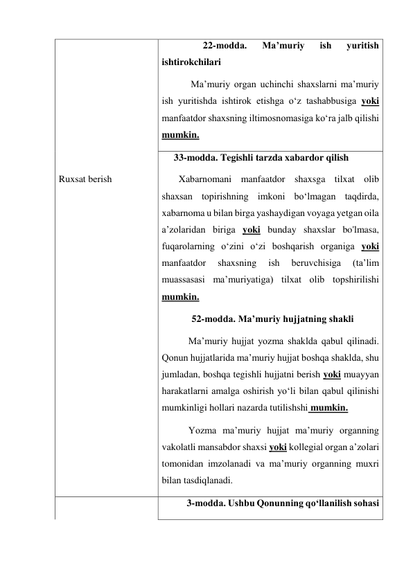  
                 22-modda. 
Maʼmuriy 
ish 
yuritish 
ishtirokchilari   
            Maʼmuriy organ uchinchi shaxslarni maʼmuriy 
ish yuritishda ishtirok etishga o‘z tashabbusiga yoki 
manfaatdor shaxsning iltimosnomasiga koʻra jalb qilishi 
mumkin. 
 
Ruxsat berish 
     33-modda. Tegishli tarzda xabardor qilish 
       Xabarnomani manfaatdor shaxsga tilxat olib 
shaxsan topirishning imkoni bo‘lmagan taqdirda, 
xabarnoma u bilan birga yashaydigan voyaga yetgan oila 
aʼzolaridan biriga yoki bunday shaxslar bo'lmasa, 
fuqarolarning oʻzini oʻzi boshqarish organiga yoki 
manfaatdor 
shaxsning 
ish 
beruvchisiga 
(taʼlim 
muassasasi maʼmuriyatiga) tilxat olib topshirilishi 
mumkin. 
  52-modda. Maʼmuriy hujjatning shakli 
           Maʼmuriy hujjat yozma shaklda qabul qilinadi. 
Qonun hujjatlarida maʼmuriy hujjat boshqa shaklda, shu 
jumladan, boshqa tegishli hujjatni berish yoki muayyan 
harakatlarni amalga oshirish yoʻli bilan qabul qilinishi 
mumkinligi hollari nazarda tutilishshi mumkin. 
           Yozma maʼmuriy hujjat maʼmuriy organning 
vakolatli mansabdor shaxsi yoki kollegial organ aʼzolari 
tomonidan imzolanadi va maʼmuriy organning muxri 
bilan tasdiqlanadi. 
 
3-modda. Ushbu Qonunning qoʻllanilish sohasi             

