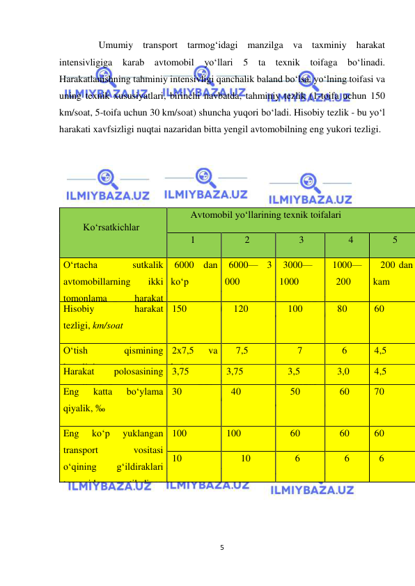  
5 
 
        Umumiy transport tarmog‘idagi manzilga va taxminiy harakat 
intensivligiga karab avtomobil yo‘llari 5 ta texnik toifaga bo‘linadi. 
Harakatlanishning tahminiy intensivligi qanchalik baland bo‘lsa, yo‘lning toifasi va 
uning texnik xususiyatlari, birinchi navbatda, tahminiy tezlik (1-toifa uchun 150 
km/soat, 5-toifa uchun 30 km/soat) shuncha yuqori bo‘ladi. Hisobiy tezlik - bu yo‘l 
harakati xavfsizligi nuqtai nazaridan bitta yengil avtomobilning eng yukori tezligi. 
 
 
 
 
Ko‘rsatkichlar  
Avtomobil yo‘llarining texnik toifalari  
1  
2  
3  
4  
5  
O‘rtacha 
sutkalik 
avtomobillarning 
ikki 
tomonlama 
harakat 
intensivligi 
 6000 dan 
ko‘p  
 6000—   3
000 
 3000—   
1000 
 1000— 
   200 
  200 dan 
kam  
Hisobiy 
harakat 
tezligi, km/soat  
150 
   120 
   100 
   80 
60 
O‘tish 
qismining 
kengligi, m  
2x7,5 
va 
ko‘p  
    7,5 
       7 
     6 
4,5 
Harakat 
polosasining 
kengligi, m  
3,75 
3,75 
   3,5 
   3,0 
4,5 
Eng 
katta 
bo‘ylama 
qiyalik, ‰ 
30 
  40 
    50 
    60 
70 
Eng 
ko‘p 
yuklangan 
transport 
vositasi 
o‘qining  g‘ildiraklari 
tomonidan 
uzatiladigan 
eng katta ruxsat etilgan 
og‘irlik, kn         
                                         
                    
100 
100 
    60 
    60 
60 
10 
      10 
      6 
      6 
  6 
 
