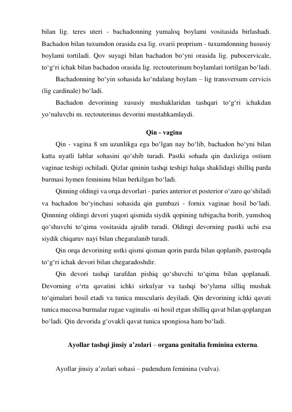 bilan lig. teres uteri - bachadonning yumaloq boylami vositasida birlashadi. 
Bachadon bilan tuxumdon orasida esa lig. ovarii proprium - tuxumdonning hususiy 
boylami tortiladi. Qov suyagi bilan bachadon bo‘yni orasida lig. pubocervicale, 
to‘g‘ri ichak bilan bachadon orasida lig. rectouterinum boylamlari tortilgan bo‘ladi.    
Bachadonning bo‘yin sohasida ko‘ndalang boylam – lig transversum cervicis 
(lig cardinale) bo‘ladi.   
Bachadon devorining xususiy mushaklaridan tashqari to‘g‘ri ichakdan 
yo‘naluvchi m. rectouterinus devorini mustahkamlaydi. 
 Qin - vagina 
Qin - vagina 8 sm uzunlikga ega bo‘lgan nay bo‘lib, bachadon bo‘yni bilan 
katta uyatli lablar sohasini qo‘shib turadi. Pastki sohada qin daxliziga ostium 
vaginae teshigi ochiladi. Qizlar qininin tashqi teshigi halqa shaklidagi shilliq parda 
burmasi hymen femininu bilan berkilgan bo‘ladi.  
Qinning oldingi va orqa devorlari - paries anterior et posterior o‘zaro qo‘shiladi 
va bachadon bo‘yinchasi sohasida qin gumbazi - fornix vaginae hosil bo‘ladi. 
Qinnning oldingi devori yuqori qismida siydik qopining tubigacha borib, yumshoq 
qo‘shuvchi to‘qima vositasida ajralib turadi. Oldingi devorning pastki uchi esa 
siydik chiqaruv nayi bilan chegaralanib turadi.  
Qin orqa devorining ustki qismi qisman qorin parda bilan qoplanib, pastroqda 
to‘g‘ri ichak devori bilan chegaradoshdir.  
Qin devori tashqi tarafdan pishiq qo‘shuvchi to‘qima bilan qoplanadi. 
Devorning o‘rta qavatini ichki sirkulyar va tashqi bo‘ylama silliq mushak 
to‘qimalari hosil etadi va tunica muscularis deyiladi. Qin devorining ichki qavati 
tunica mucosa burmalar rugae vaginalis -ni hosil etgan shilliq qavat bilan qoplangan 
bo‘ladi. Qin devorida g‘ovakli qavat tunica spongiosa ham bo‘ladi. 
  
Ayollar tashqi jinsiy a’zolari – organa genitalia feminina externa. 
 
Ayollar jinsiy a’zolari sohasi – pudendum feminina (vulva). 
