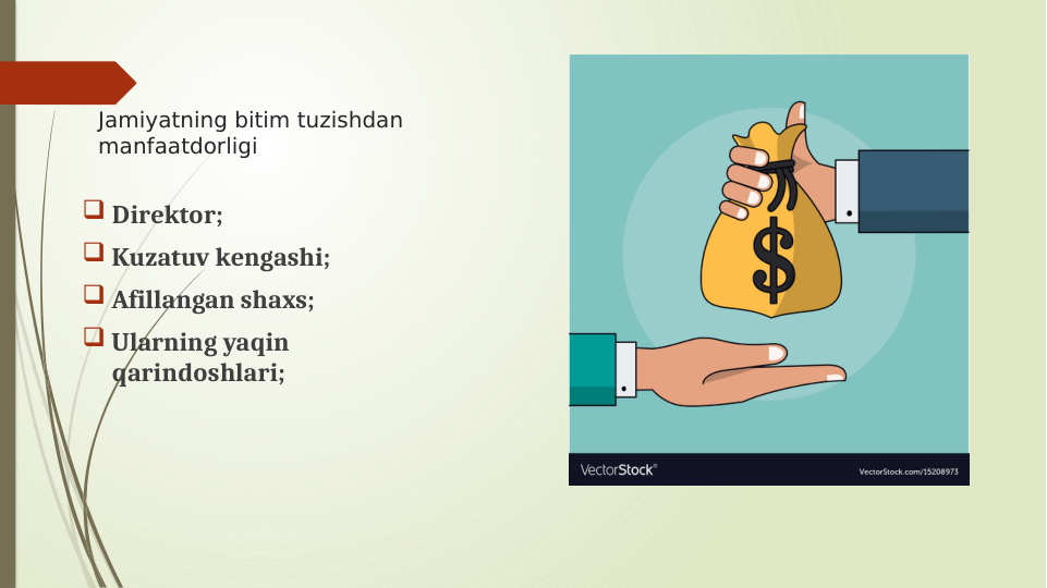 Jamiyatning bitim tuzishdan 
manfaatdorligi
 Direktor;
 Kuzatuv kengashi;
 Afillangan shaxs;
 Ularning yaqin 
qarindoshlari;
