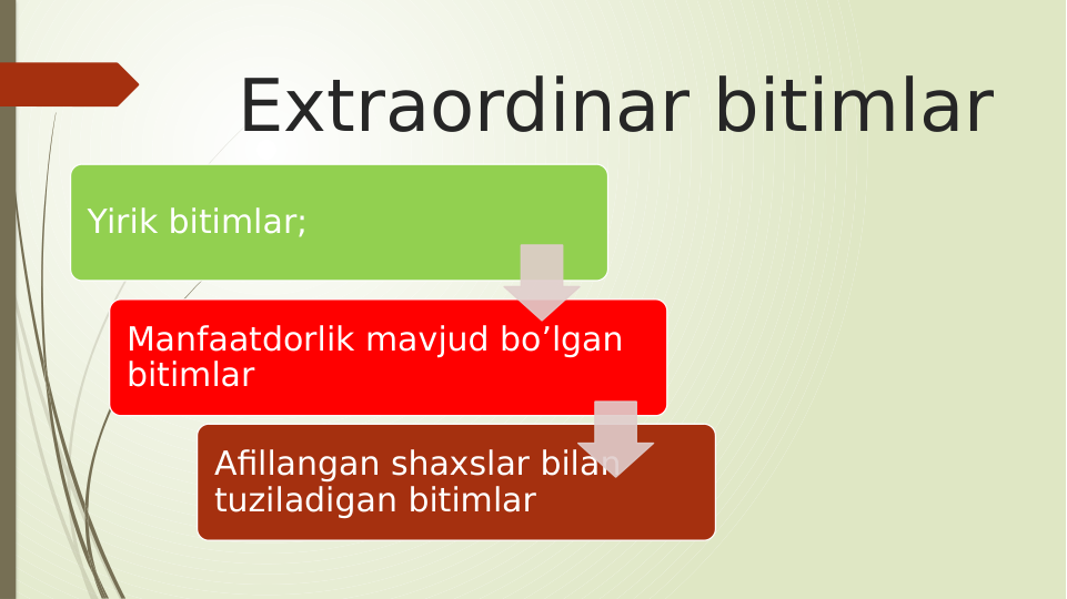 Extraordinar bitimlar
Manfaatdorlik mavjud bo’lgan 
bitimlar
Yirik bitimlar;
Afillangan shaxslar bilan 
tuziladigan bitimlar
