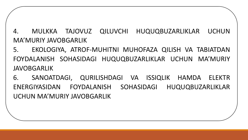 4.
MULKKA
TAJOVUZ
QILUVCHI
HUQUQBUZARLIKLAR
UCHUN
MA’MURIY JAVOBGARLIK
5.
EKOLOGIYA, ATROF-MUHITNI MUHOFAZA QILISH VA TABIATDAN
FOYDALANISH SOHASIDAGI HUQUQBUZARLIKLAR UCHUN MA’MURIY
JAVOBGARLIK
6.
SANOATDAGI,
QURILISHDAGI
VA
ISSIQLIK
HAMDA
ELEKTR
ENERGIYASIDAN
FOYDALANISH
SOHASIDAGI
HUQUQBUZARLIKLAR
UCHUN MA’MURIY JAVOBGARLIK
