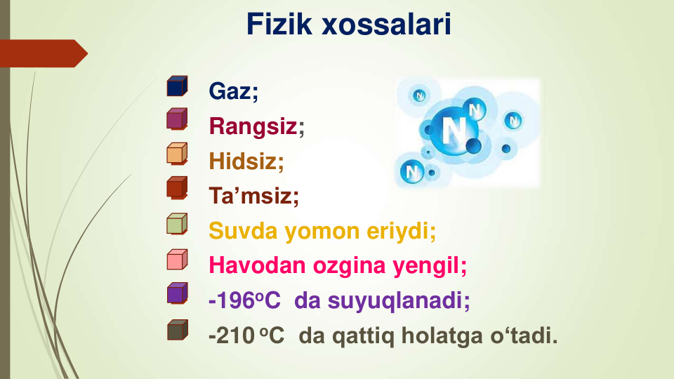 Fizik xossalari

Gaz;

Rangsiz;

Hidsiz;

Ta’msiz;

Suvda yomon eriydi;

Havodan ozgina yengil;

-196oC  da suyuqlanadi;

-210 oC  da qattiq holatga o‘tadi.
