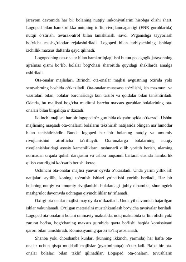 jarayoni davomida har bir bolaning nutqiy imkoniyatlarini hisobga olishi shart.
Logoped bilan hamkorlikka nutqning to‘liq rivojlanmaganligi (FNR guruhlarida)
nutqii  o‘stirish,  tevarak-atrof  bilan  tanishtirish,  savol  o‘rganishga  tayyorlash
bo‘yicha  mashg‘ulotlar  rejalashtiriladi.  Logoped  bilan  tarbiyachining  ishidagi
izchillik maxsus daftarda qayd qilinadi.
Logopedning ota-onalar bilan hamkorliqiagi ishi butun pedagogik jarayonning
ajralmas qismi bo‘lib, bolalar bog‘chasi sharoitida quyidagi shakllarda amalga
oshiriladi.
Ota-onalar  majlislari.  Birinchi  ota-onalar  majlisi  avgustning  oxirida  yoki
sentyabrning boshida o‘tkaziladi. Ota-onalar muassasa to‘zilishi, ish mazmuni va
vazifalari bilan, bolalar borchasidagi kun tartibi va qoidalar bilan tanishtiriladi.
Odatda, bu majlisni bog‘cha mudirasi barcha maxsus guruhlar bolalarining ota-
onalari bilan birgaliqia o‘tkazadi.
Ikkinchi majlisni har bir logoped o‘z guruhida oktyabr oyida o‘tkazadi. Ushbu
majlisning maqsadi ota-onalarni bolalarni tekshirish natijasida olingan ma’lumotlar
bilan  tanishtirishdir.  Bunda  logoped  har  bir  bolaning  nutqiy  va  umumiy
rivojlanishini  atroflicha  ta’riflaydi.  Ota-onalarga  bolalarning  nutqiy
rivojlanishlaridagi asosiy kamchiliklarni tushunarli qilib yoritib berish, ularning
normadan orqada qolish darajasini va ushbu nuqsonni bartaraf etishda hamkorlik
qilish zarurligini ko‘rsatib berishi keraq
Uchinchi ota-onalar majlisi yanvar oyvda o‘tkaziladi. Unda yarim yillik ish
natijalari  aytilib,  koningi  to‘zatish  ishlari  yo‘nalishi  yoritib  beriladi,  Har  bir
bolaning nutqiy va umumiy rivojlanishi, bolalardagi ijobiy dinamika, shuningdek
mashg‘ulot davomvda uchragan qiyinchiliklar ta’riflanadi.
Oxirgi ota-onalar majlisi may oyida o‘tkaziladi. Unda yil davomida bajarilgan
ishlar yakunlanadi. O‘tilgan materialni mustahkamlash bo‘yicha tavsiyalar beriladi.
Logoped ota-onalarni bolani ommaviy maktabda, nutq maktabida ta’lim olishi yoki
zarurat bo‘lsa, bog‘chaning maxsus guruhida qayta bo‘lishi haqida komissiyani
qarori bilan tanishtiradi. Komissiyaning qarori to‘liq asoslanadi.
Shanba yoki chorshanba kunlari (kunning ikkinchi yarmida) har hafta ota-
onalar uchun qisqa muddatli majlislar (pyatiminutqa) o‘tkaziladi. Ba’zi bir ota-
onalar  bolalari  bilan  taklif  qilinadilar.  Logoped  ota-onalarni  tovushlarni
