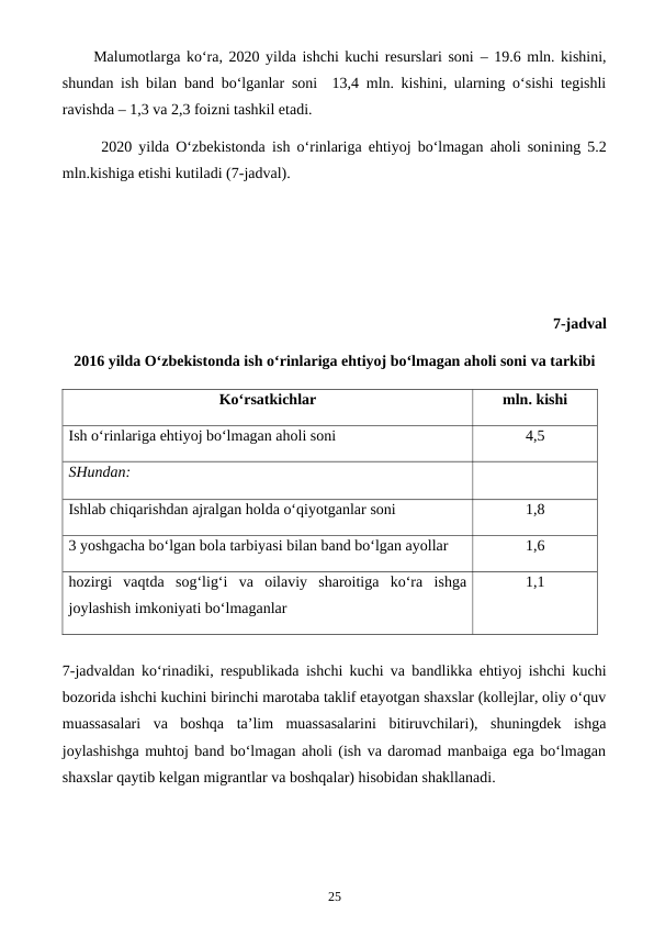 Malumotlarga ko‘ra, 2020 yilda ishchi kuchi resurslari soni  – 19.6 mln. kishini,
shundan ish bilan  band bo‘lganlar soni   13,4 mln. kishini, ularning o‘sishi tegishli
ravishda – 1,3 va 2,3 foizni tashkil etadi.
2020 yilda O‘zbekistonda ish o‘rinlariga ehtiyoj bo‘lmagan aholi sonining 5.2
mln.kishiga etishi kutiladi (7-jadval).
7-jadval
2016 yilda O‘zbekistonda ish o‘rinlariga ehtiyoj bo‘lmagan aholi soni va tarkibi
Ko‘rsatkichlar
mln. kishi
Ish o‘rinlariga ehtiyoj bo‘lmagan aholi soni
4,5
SHundan:
Ishlab chiqarishdan ajralgan holda o‘qiyotganlar soni
1,8
3 yoshgacha bo‘lgan bola tarbiyasi bilan band bo‘lgan ayollar
1,6
hozirgi  vaqtda  sog‘lig‘i  va  oilaviy  sharoitiga  ko‘ra  ishga
joylashish imkoniyati bo‘lmaganlar
1,1
7-jadvaldan ko‘rinadiki, respublikada  ishchi kuchi va bandlikka ehtiyoj ishchi kuchi
bozorida ishchi kuchini birinchi marotaba taklif etayotgan shaxslar (kollejlar, oliy o‘quv
muassasalari  va  boshqa  ta’lim muassasalarini bitiruvchilari),  shuningdek  ishga
joylashishga muhtoj band bo‘lmagan aholi (ish va daromad manbaiga ega bo‘lmagan
shaxslar qaytib kelgan migrantlar va boshqalar) hisobidan shakllanadi.
25
