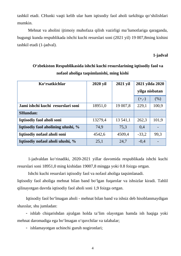 tashkil etadi. CHunki vaqti kelib ular ham iqtisodiy faol aholi tarkibiga qo‘shilishlari
mumkin.
Mehnat va aholini ijtimoiy muhofaza qilish vazirligi ma’lumotlariga qaraganda,
bugungi kunda respublikada ishchi kuchi resurslari soni (2021 yil) 19 007,8ming kishini
tashkil etadi (1-jadval).
1-jadval
O‘zbekiston Respublikasida ishchi kuchi resurslarining iqtisodiy faol va
nofaol aholiga taqsimlanishi, ming kishi
Ko‘rsatkichlar
2020 yil
2021 yil  
2021 yilda 2020
yilga nisbatan 
(+,-)
(%)
Jami ishchi kuchi  resurslari soni
18951,0
19 007,8
229,1
100,9
SHundan:
Iqtisodiy faol aholi soni
13279,4
13 541,1
262,3
101,9
Iqtisodiy faol aholining ulushi, %
74,9
75,3
0,4
-
Iqtisodiy nofaol aholi soni
4542,6
4509,4
-33,2
99,3
Iqtisodiy nofaol aholi ulushi, %
25,1
24,7
-0,4
-
1-jadvaldan ko‘rinadiki, 2020-2021 yillar davomida respublikada ishchi kuchi
resurslari soni 18951,0 ming kishidan 19007,8 mingga yoki 0.8 foizga ortgan.
Ishchi kuchi resurslari iqtisodiy faol va nofaol aholiga taqsimlanadi. 
Iqtisodiy faol aholiga mehnat bilan band bo‘lgan fuqarolar va ishsizlar kiradi. Tahlil
qilinayotgan davrda iqtisodiy faol aholi soni 1,9 foizga ortgan. 
Iqtisodiy faol bo‘lmagan aholi - mehnat bilan band va ishsiz deb hisoblanmaydigan
shaxslar, shu jumladan: 
 ishlab chiqarishdan ajralgan  holda ta’lim olayotgan  hamda ish  haqiga yoki
mehnat daromadiga ega bo‘lmagan o‘quvchilar va talabalar;
 ishlamayotgan uchinchi guruh nogironlari;
4
