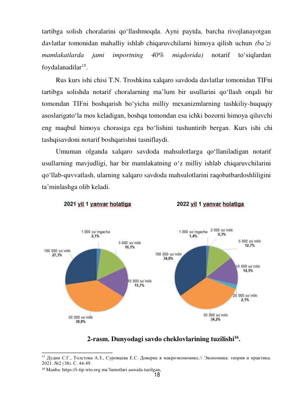 18 
 
tartibga solish choralarini qo‘llashmoqda. Ayni paytda, barcha rivojlanayotgan 
davlatlar tomonidan mahalliy ishlab chiqaruvchilarni himoya qilish uchun (ba’zi 
mamlakatlarda 
jami 
importning 
40% 
miqdorida) 
notarif 
to‘siqlardan 
foydalanadilar15. 
Rus kurs ishi chisi T.N. Troshkina xalqaro savdoda davlatlar tomonidan TIFni 
tartibga solishda notarif choralarning ma’lum bir usullarini qo‘llash orqali bir 
tomondan TIFni boshqarish bo‘yicha milliy mexanizmlarning tashkiliy-huquqiy 
asoslarigato‘la mos keladigan, boshqa tomondan esa ichki bozorni himoya qiluvchi 
eng maqbul himoya chorasiga ega bo‘lishini tushuntirib bergan. Kurs ishi chi 
tashqisavdoni notarif boshqarishni tasniflaydi. 
Umuman olganda xalqaro savdoda mahsulotlarga qo‘llaniladigan notarif 
usullarning mavjudligi, har bir mamlakatning o‘z milliy ishlab chiqaruvchilarini 
qo‘llab-quvvatlash, ularning xalqaro savdoda mahsulotlarini raqobatbardoshliligini 
ta’minlashga olib keladi. 
 
 
2-rasm. Dunyodagi savdo cheklovlarining tuzilishi16. 
 
 
15 Дудин С.Г., Толстова А.З., Суровцева Е.С. Доверие в макроэкономике.// Экономика: теория и практика. 
2021. №2 (38). С. 44-49. 
16 Manba: https://i-tip.wto.org ma’lumotlari asosida tuzilgan. 
