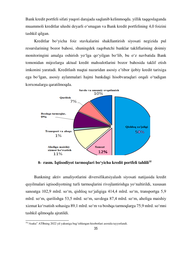 35 
 
Bank kredit portfeli sifati yuqori darajada saqlanib kelinmoqda. yillik taqqoslaganda 
muammoli kreditlar ulushi deyarli o‘smagan va Bank kredit portfelining 4,0 foizini 
tashkil qilgan. 
Kreditlar bo‘yicha foiz stavkalarini shakllantirish siyosati negizida pul 
resurslarining bozor bahosi, shuningdek raqobatchi banklar takliflarining doimiy 
monitoringini amalga oshirish yo‘lga qo‘yilgan bo‘lib, bu o‘z navbatida Bank 
tomonidan mijozlarga aktual kredit mahsulotlarini bozor bahosida taklif etish 
imkonini yaratadi. Kreditlash nuqtai nazaridan asosiy e’tibor ijobiy kredit tarixiga 
ega bo‘lgan, asosiy aylanmalari hajmi bankdagi hisobvaraqlari orqali o‘tadigan 
korxonalarga qaratilmoqda. 
 
8- rasm. Iqtisodiyot tarmoqlari bo‘yicha kredit portfeli tahlili35 
 
Bankning aktiv amaliyotlarini diversifikatsiyalash siyosati natijasida kredit 
quyilmalari iqtisodiyotning turli tarmoqlarini rivojlantirishga yo‘naltirildi, xususan 
sanoatga 102,9 mlrd. so‘m, qishloq xo‘jaligiga 414,4 mlrd. so‘m, transportga 5,9 
mlrd. so‘m, qurilishga 53,5 mlrd. so‘m, savdoga 87,4 mlrd. so‘m, aholiga maishiy 
xizmat ko‘rsatish sohasiga 89,1 mlrd. so‘m va boshqa tarmoqlarga 75,9 mlrd. so‘mni 
tashkil qilmoqda ajratildi. 
 
35“Asaka” ATBning 2022 yil yakuniga bag‘ishlangan hisobotlari asosida tayyorlandi. 
