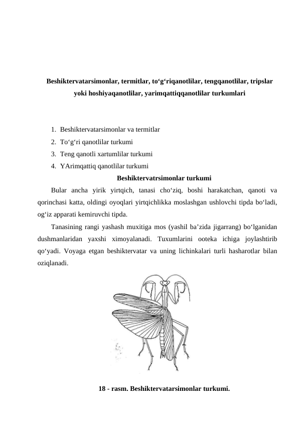 Beshiktervatarsimonlar, termitlar, to‘g‘riqanotlilar, tengqanotlilar, tripslar
yoki hoshiyaqanotlilar, yarimqattiqqanotlilar turkumlari
1. Beshiktervatarsimonlar va termitlar
2. To‘g‘ri qanotlilar turkumi
3. Teng qanotli xartumlilar turkumi
4. YArimqattiq qanotlilar turkumi
Beshiktervatrsimonlar turkumi
Bular  ancha  yirik  yirtqich,  tanasi  cho‘ziq,  boshi  harakatchan,  qanoti  va
qorinchasi katta, oldingi oyoqlari yirtqichlikka moslashgan ushlovchi tipda bo‘ladi,
og‘iz apparati kemiruvchi tipda.
Tanasining rangi yashash muxitiga mos (yashil ba’zida jigarrang) bo‘lganidan
dushmanlaridan  yaxshi  ximoyalanadi.  Tuxumlarini  ooteka  ichiga  joylashtirib
qo‘yadi. Voyaga etgan beshiktervatar va uning lichinkalari turli hasharotlar bilan
oziqlanadi. 
18 - rasm. Beshiktervatarsimonlar turkumi.
