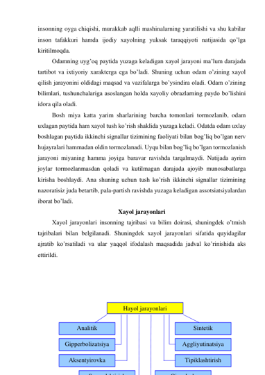 insonning oyga chiqishi, murakkab aqlli mashinalarning yaratilishi va shu kabilar 
inson tafakkuri hamda ijodiy xayolning yuksak taraqqiyoti natijasida qo’lga 
kiritilmoqda. 
 Odamning uyg’oq paytida yuzaga keladigan xayol jarayoni ma’lum darajada 
tartibot va ixtiyoriy xarakterga ega bo’ladi. Shuning uchun odam o’zining xayol 
qilish jarayonini oldidagi maqsad va vazifalarga bo’ysindira oladi. Odam o’zining 
bilimlari, tushunchalariga asoslangan holda xayoliy obrazlarning paydo bo’lishini 
idora qila oladi.  
 Bosh miya katta yarim sharlarining barcha tomonlari tormozlanib, odam 
uxlagan paytida ham xayol tush ko’rish shaklida yuzaga keladi. Odatda odam uxlay 
boshlagan paytida ikkinchi signallar tizimining faoliyati bilan bog’liq bo’lgan nerv 
hujayralari hammadan oldin tormozlanadi. Uyqu bilan bog’liq bo’lgan tormozlanish 
jarayoni miyaning hamma joyiga baravar ravishda tarqalmaydi. Natijada ayrim 
joylar tormozlanmasdan qoladi va kutilmagan darajada ajoyib munosabatlarga 
kirisha boshlaydi. Ana shuning uchun tush ko’rish ikkinchi signallar tizimining 
nazoratisiz juda betartib, pala-partish ravishda yuzaga keladigan assotsiatsiyalardan 
iborat bo’ladi. 
Xayol jarayonlari 
 Xayol jarayonlari insonning tajribasi va bilim doirasi, shuningdek o’tmish 
tajribalari bilan belgilanadi. Shuningdek xayol jarayonlari sifatida quyidagilar 
ajratib ko’rsatiladi va ular yaqqol ifodalash maqsadida jadval ko’rinishida aks 
ettirildi.  
 
 
 
 
 
 
 
  
Analitik 
Gipperbolizatsiya 
Aksentyirovka 
S
l hti i h
Sintetik 
Aggliyutinatsiya 
Tipiklashtirish 
Qi
l
h
Hayol jarayonlari 
