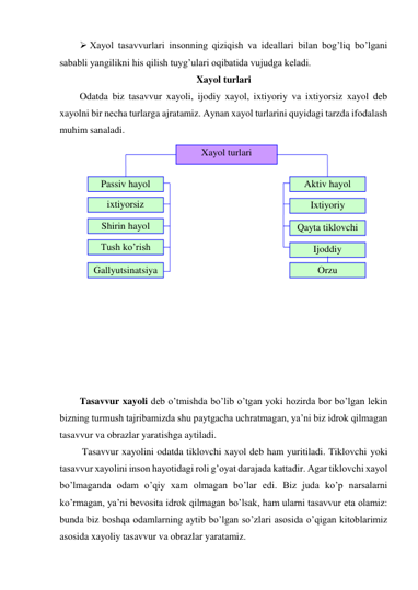  Xayol tasavvurlari insonning qiziqish va ideallari bilan bog’liq bo’lgani 
sababli yangilikni his qilish tuyg’ulari oqibatida vujudga keladi. 
Xayol turlari 
Odatda biz tasavvur xayoli, ijodiy xayol, ixtiyoriy va ixtiyorsiz xayol deb 
xayolni bir necha turlarga ajratamiz. Aynan xayol turlarini quyidagi tarzda ifodalash 
muhim sanaladi.  
  
 
 
 
 
 
 
 
 
 
 
 
 
 
 
Tasavvur xayoli deb o’tmishda bo’lib o’tgan yoki hozirda bor bo’lgan lekin 
bizning turmush tajribamizda shu paytgacha uchratmagan, ya’ni biz idrok qilmagan 
tasavvur va obrazlar yaratishga aytiladi.  
 Tasavvur xayolini odatda tiklovchi xayol deb ham yuritiladi. Tiklovchi yoki 
tasavvur xayolini inson hayotidagi roli g’oyat darajada kattadir. Agar tiklovchi xayol 
bo’lmaganda odam o’qiy xam olmagan bo’lar edi. Biz juda ko’p narsalarni 
ko’rmagan, ya’ni bevosita idrok qilmagan bo’lsak, ham ularni tasavvur eta olamiz: 
bunda biz boshqa odamlarning aytib bo’lgan so’zlari asosida o’qigan kitoblarimiz 
asosida xayoliy tasavvur va obrazlar yaratamiz. 
Xayol turlari 
Passiv hayol 
ixtiyorsiz 
Shirin hayol 
Tush ko’rish 
Gallyutsinatsiya 
Aktiv hayol 
Ixtiyoriy 
Qayta tiklovchi 
Ijoddiy 
Orzu 
