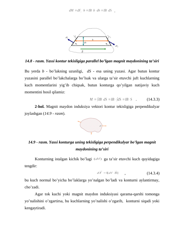   .
14.8 - rasm. Yassi kontur tekisligiga parallel bo’lgan magnit maydonining ta’siri
Bu yerda  b - bo’lakning uzunligi,  dS - esa uning yuzasi. Agar butun kontur
yuzasini parallel bo’lakchalarga bo’lsak va ularga ta’sir etuvchi juft kuchlarning
kuch  momentlarini  yig’ib  chiqsak, butun  konturga  qo’yilgan  natijaviy  kuch
momentini hosil qilamiz:
   .          (14.3.3)
2-hol. Magnit maydon induksiya vektori kontur tekisligiga perpendikulyar
joylashgan (14.9 - rasm).
14.9 - rasm. Yassi konturga uning tekisligiga perpendikulyar bo’lgan magnit
maydonining ta’siri
Konturning istalgan kichik bo’lagi 
 ga ta’sir etuvchi kuch quyidagiga
tengdir:
      ,                     (14.3.4)
bu kuch normal bo’yicha bo’laklarga yo’nalgan bo’ladi va konturni aylantirmay,
cho’zadi.
Agar tok kuchi yoki magnit maydon induksiyasi qarama-qarshi tomonga
yo’nalishini o’zgartirsa, bu kuchlarning yo’nalishi o’zgarib,  konturni siqadi yoki
kengaytiradi.
