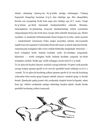 shamir odamning chanoq-son bo‘g‘imida amalga oshinnagan. Chanoq 
bogianish chuqurligi taxminan to‘g‘ri shar shakliga ega. Shu chuqurlikka 
kiruchi son suyagining boshi ham unga mos shaklga ega (6.3- rasm). Yangi 
bo‘g‘inlami 
qo‘shish 
kinematik 
harakatchanlikni 
oshiradi. 
Masalan, 
umurtqalararo bo‘ginlarning muayyan harakatchanligi tufayli (yetarlicha 
chegaralangan boisa-da) bosh miya suyagi oltita erkinlik darajasiga ega. Skelet 
suyaklari va muskuliar birlashmasidan iborat boigan bo‘g‘inlar, odam tayanch 
— harakatlanish sistemasini fizika nuqtai nazaridan odamni muvozanatda 
saqlab turuvchi raqamlar to‘plamidan iborat deb tasaw ur qilish imkonini beradi. 
Anatomiyada richaglarni ikki xil ko‘rishida birbiridan farqlashadi: birinchisi — 
kuch richaglari boiib, bularda kuchdan yutib, ko‘chishdan yutqaziladi, 
ikkinchisi — tezlik richaglari boiib, bularda kuchdan yutqazib, ko‘chish 
tezligidan yutiladi. Pastki jag‘ tezlik richagiga yaxshi misol b o ia oladi.  
Ta’sir qiluvchi kuchni chaynov muskuli yuzaga keltiradi. Ovqatni eyish paytida 
yuzaga kelgan qarama-qarshi ta’sir etuvchi qarshilik kuchi tishlarga ta’sir k o 
‘rsatadi. Ta’sir qiluvchi kuchning yelkasi qarama-qarshi ta’sir etuvchi kuchning 
yelkasidan birm uncha qisqa boigani sababli chaynov muskuli qisqa va kuchli 
boiadi. Qandaydir qattiq jismni tish yordamida chaqish lozim bo'lganda, odam 
buni jag‘ tishlari yordamida amalga oshirishga harakat qiladi, chunki bunda 
qarshilik kuchining yelkasi kamayadi. 
 
 
