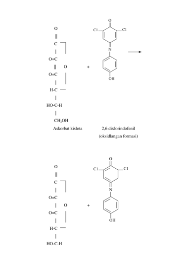          
        O 
         || 
        C 
         | 
   O=C   
        ||       O                  + 
   O=C  
         | 
    H-C 
         | 
 HO-C-H 
         | 
        CH2OH 
 
Askorbat kislota 
 
2,6 dixlorindofenil 
(oksidlangan formasi) 
 
 
         
        O 
         || 
        C 
         | 
   O=C   
         |       O                  + 
   O=C  
         | 
    H-C 
         | 
 HO-C-H 
 
C1
O
OH
N
C1
C1
O
OH
N
C1

