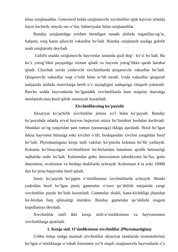 bilan oziqlanadilar. Geterotrof holda oziqlanuvchi xivchinlilar tipik hayvon sifatida
hayot kechirib, mayda suv o’tlar, bakteriyalar bilan oziqlanadilar. 
Bunday  oziqlanishga  yordam  beradigan  tanada  alohida  organlilar-og’iz,
halqum, oziq hazm qiluvchi vakuollar bo’ladi. Bunday oziqlanish usuliga golofit
usuli oziqlanishi deyiladi. 
 Golofit usulda oziqlanuvchi hayvonlar tanasida qizil dog’- ko’zi bo’ladi. Bu
ko’z yorug’likni payqashga xizmat qiladi va hayvon yorug’likka qarab harakat
qiladi. Chuchuk  suvda  yashovchi  xivchinlilarda  qisqaruvchi  vakuollar  bo’ladi.
Qisqaruvchi vakuollar vaqt o’tishi bilan to’lib turadi. Unda vakuollar qisqarish
natijasida alohida rezervlarga berib o’z suyuqligini tashqariga chiqarib yuboradi.
Barcha  sodda  hayvonlarda  bo’lganidek  xivchinlilarda  ham  noqulay  sharoitga
moslanish-sista hosil qilish xususiyati kuzatiladi. 
Xivchinlilarning ko’payishi
Aksariyat  ko’pchilik  xivchinlilar  jinssiz  yo’l  bilan  ko’payadi.  Bunday
ko’payishda odatda avval hayvon hujayrasi mitoz bo’linishini boshdan kechiradi.
Shundan so’ng yuqoridan past tomon (uzunasiga) ikkiga ajaraladi. Hosil bo’lgan
ikkita hayvonni bittasiga eski xivchin o’tib, boshqasidan xivchin yangitdan hosil
bo’ladi. Phytomastiguna kenja sinfi vakilari ko’pincha kolonna bo’lib yashaydi.
Kolonna bo’linayotgan  xivchinlilarni  bir-birlaridan  batamom  ajralib  ketmasligi
oqibatida sodir bo’ladi. Kolonnalar goho daraxtsimon (dinobryon) bo’lsa, goho
sharsimon, ovalsimon va boshqa shakllarda uchraydi. Kolonnani 4 ta yoki 10000
dan ko’proq hujayralar hosil qiladi. 
Jinsiy  ko’payish  ko’pgina  o’simliknamo  xivchinlilarda  uchraydi.  Bunda
yadrodan  hosil  bo’lgan  jinsiy  gametalar  o’zoro  qo’shilish  natijasida  yangi
xivchinlilar paydo bo’lishi kuzatiladi. Gametalar shakli, katta-kichikligi jihatidan
bir-biridan  farq  qilmasligi  mumkin.  Bunday  gametalar  qo’shilishi  izogam
kopullatsiya deyiladi. 
Xivchinlilar  sinfi  ikki  kenja  sinfi-o’simliksimon  va  hayvonsimon
xivchinlilarga ajratiladi. 
1. Kenja sinf. O’simliksimon xivchinlilar (Phytomastigina)
Ushbu kenja sinfga mansub xivchinlilar aksariyat tanalarida xromotoforlari
bo’lgan o’simliklarga o’xshab fotosintez yo’li orqali oziqlanuvchi hayvonlarni o’z
