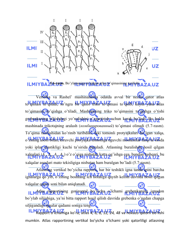  
 
 
5.6-rasm. Bo’ylamasiga to’qilgan atlas to’qimasining tuzilishi 
 
Vertelka va Rashel’ mashinalarida odatda avval bir necha qator atlas 
to’qimasi to’qiladi, so’ngra bir qator triko to’qimasi to’qilib, keyin yana atlas 
to’qimasini to’qishga o’tiladi. Mashinaning triko to’qimasini to’qishga o’tishi 
grebenkaning siljishdagi yo’nalishini o’zgartirish uchun kerak bo’ladi. Bu holda 
mashinada trikotajning aralash (комбинированный) to’qimasi olinadi (5.7-rasm). 
To’qima tuzilishidan ko’rinib turibdiki, ikki tomonli protyajkalari bo’lgan xalqa, 
o’zining asosi bilan, kiruvchi protyajka tomoniga eguvchi momentlar farqi ta’sirida 
yoki iplar elastikligi kuchi ta’sirida buraladi. Atlasning buralishda hosil qilgan 
xalqalari (A1, A2, A3, A4) o’z o’qiga nisbatan katta og’ishga ega, bundan tashqari, bu 
xalqalar asoslari mato tekisligiga nisbatan ham buralgan bo’ladi (5.7-rasm). 
Atlasning vertikal bo’yicha rapporti, har bir teshikli igna tanda ipini barcha 
ignalarga qo’yib, o’zining boshlang’ich holatiga qaytib kelish davrida hosil qilgan 
xalqalar qatori soni bilan aniqlanadi. 
Atlas rapportining gorizontal bo’yicha o’lchami grebenkaning ignadon 
bo’ylab siljishiga, ya’ni bitta rapport hosil qilish davrida grebenka o’ngdan chapga 
siljigandagi ignalar qadami soniga teng. 
Rapport o’lchamiga ko’ra, atlas 4, 6, 8, 12, 24, 48 va hokazo qatorli bo’lishi 
mumkin. Atlas rapportining vertikal bo’yicha o’lchami yoki qatorliligi atlasning 
