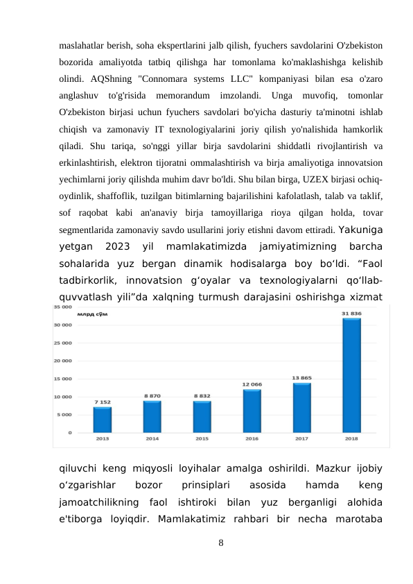 maslahatlar berish, soha ekspertlarini jalb qilish, fyuchers savdolarini O'zbekiston
bozorida  amaliyotda  tatbiq  qilishga  har  tomonlama  ko'maklashishga  kelishib
olindi.  AQShning  "Connomara  systems  LLC"  kompaniyasi  bilan  esa  o'zaro
anglashuv  to'g'risida  memorandum  imzolandi.  Unga  muvofiq,  tomonlar
O'zbekiston birjasi uchun fyuchers savdolari bo'yicha dasturiy ta'minotni ishlab
chiqish va zamonaviy  IT  texnologiyalarini  joriy qilish yo'nalishida  hamkorlik
qiladi.  Shu  tariqa,  so'nggi  yillar  birja  savdolarini  shiddatli  rivojlantirish  va
erkinlashtirish, elektron tijoratni ommalashtirish va birja amaliyotiga innovatsion
yechimlarni joriy qilishda muhim davr bo'ldi. Shu bilan birga, UZEX birjasi ochiq-
oydinlik, shaffoflik, tuzilgan bitimlarning bajarilishini kafolatlash, talab va taklif,
sof  raqobat  kabi  an'anaviy  birja  tamoyillariga  rioya  qilgan  holda,  tovar
segmentlarida zamonaviy savdo usullarini joriy etishni davom ettiradi. Yakuniga
yetgan  2023  yil  mamlakatimizda  jamiyatimizning  barcha
sohalarida  yuz  bergan  dinamik  hodisalarga  boy  bo‘ldi.  “Faol
tadbirkorlik,  innovatsion  g‘oyalar  va  texnologiyalarni  qo‘llab-
quvvatlash yili”da xalqning turmush darajasini oshirishga xizmat
qiluvchi  keng  miqyosli  loyihalar  amalga  oshirildi.  Mazkur  ijobiy
o‘zgarishlar
 
bozor
 
prinsiplari
 
asosida
 
hamda
 
keng
jamoatchilikning  faol  ishtiroki  bilan  yuz  berganligi  alohida
e'tiborga  loyiqdir.  Mamlakatimiz  rahbari  bir  necha  marotaba
8
