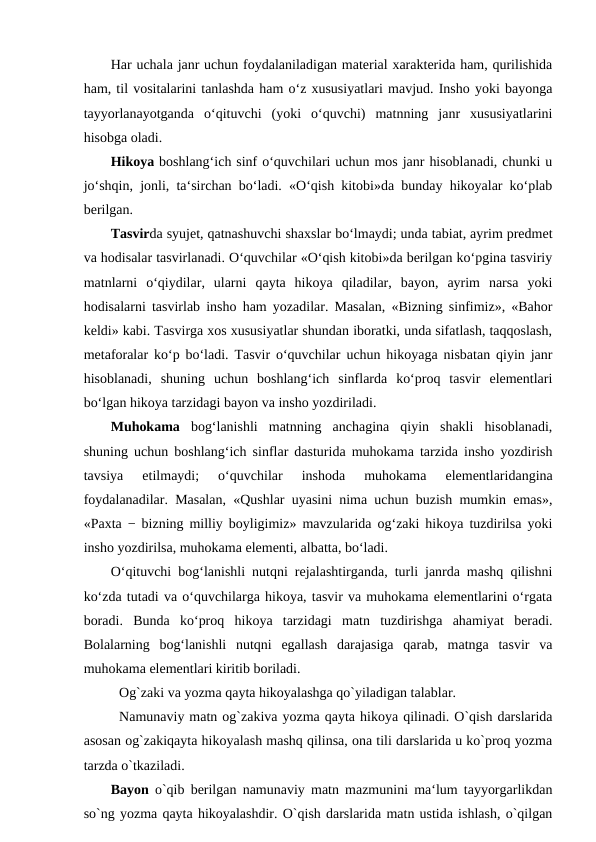 Har uchala janr uchun foydalaniladigan material xarakterida ham, qurilishida
ham, til vositalarini tanlashda ham o‘z xususiyatlari mavjud. Insho yoki bayonga
tayyorlanayotganda  o‘qituvchi  (yoki  o‘quvchi)  matnning  janr  xususiyatlarini
hisobga oladi. 
Hikoya boshlang‘ich sinf o‘quvchilari uchun mos janr hisoblanadi, chunki u
jo‘shqin, jonli, ta‘sirchan bo‘ladi. «O‘qish kitobi»da bunday hikoyalar ko‘plab
berilgan. 
Tasvirda syujet, qatnashuvchi shaxslar bo‘lmaydi; unda tabiat, ayrim predmet
va hodisalar tasvirlanadi. O‘quvchilar «O‘qish kitobi»da berilgan ko‘pgina tasviriy
matnlarni  o‘qiydilar,  ularni  qayta  hikoya  qiladilar,  bayon,  ayrim  narsa  yoki
hodisalarni tasvirlab insho ham yozadilar. Masalan, «Bizning sinfimiz», «Bahor
keldi» kabi. Tasvirga xos xususiyatlar shundan iboratki, unda sifatlash, taqqoslash,
metaforalar ko‘p bo‘ladi. Tasvir o‘quvchilar uchun hikoyaga nisbatan qiyin janr
hisoblanadi,  shuning  uchun  boshlang‘ich  sinflarda  ko‘proq  tasvir  elementlari
bo‘lgan hikoya tarzidagi bayon va insho yozdiriladi. 
Muhokama  bog‘lanishli  matnning  anchagina  qiyin  shakli  hisoblanadi,
shuning uchun boshlang‘ich sinflar dasturida muhokama tarzida insho yozdirish
tavsiya  etilmaydi;  o‘quvchilar  inshoda  muhokama  elementlaridangina
foydalanadilar. Masalan, «Qushlar uyasini nima uchun buzish mumkin emas»,
«Paxta − bizning milliy boyligimiz» mavzularida og‘zaki hikoya tuzdirilsa yoki
insho yozdirilsa, muhokama elementi, albatta, bo‘ladi. 
O‘qituvchi bog‘lanishli nutqni rejalashtirganda, turli janrda mashq qilishni
ko‘zda tutadi va o‘quvchilarga hikoya, tasvir va muhokama elementlarini o‘rgata
boradi.  Bunda  ko‘proq  hikoya  tarzidagi  matn  tuzdirishga  ahamiyat  beradi.
Bolalarning  bog‘lanishli  nutqni  egallash  darajasiga  qarab,  matnga  tasvir  va
muhokama elementlari kiritib boriladi.
Og`zaki va yozma qayta hikoyalashga qo`yiladigan talablar.
Namunaviy matn og`zakiva yozma qayta hikoya qilinadi. O`qish darslarida
asosan og`zakiqayta hikoyalash mashq qilinsa, ona tili darslarida u ko`proq yozma
tarzda o`tkaziladi. 
Bayon  o`qib berilgan namunaviy matn mazmunini ma‘lum tayyorgarlikdan
so`ng yozma qayta hikoyalashdir. O`qish darslarida matn ustida ishlash, o`qilgan
