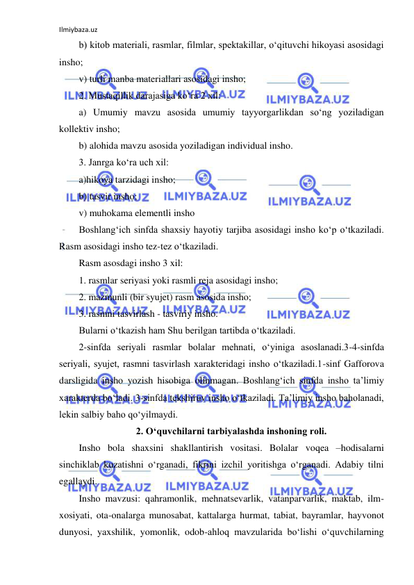 Ilmiybaza.uz 
 
b) kitob materiali, rasmlar, filmlar, spektakillar, o‘qituvchi hikoyasi asosidagi 
insho; 
v) turli manba materiallari asosidagi insho; 
2. Mustaqillik darajasiga ko‘ra 2 xil: 
a) Umumiy mavzu asosida umumiy tayyorgarlikdan so‘ng yoziladigan 
kollektiv insho; 
b) alohida mavzu asosida yoziladigan individual insho. 
3. Janrga ko‘ra uch xil: 
a)hikoya tarzidagi insho; 
b) tasvir insho; 
v) muhokama elementli insho  
Boshlang‘ich sinfda shaxsiy hayotiy tarjiba asosidagi insho ko‘p o‘tkaziladi. 
Rasm asosidagi insho tez-tez o‘tkaziladi. 
Rasm asosdagi insho 3 xil: 
1. rasmlar seriyasi yoki rasmli reja asosidagi insho; 
2. mazmunli (bir syujet) rasm asosida insho; 
3. rasmni tasvirlash - tasviriy insho. 
Bularni o‘tkazish ham Shu berilgan tartibda o‘tkaziladi. 
2-sinfda seriyali rasmlar bolalar mehnati, o‘yiniga asoslanadi.3-4-sinfda 
seriyali, syujet, rasmni tasvirlash xarakteridagi insho o‘tkaziladi.1-sinf Gafforova 
darsligida insho yozish hisobiga olinmagan. Boshlang‘ich sinfda insho ta’limiy 
xarakterda bo‘ladi. 3-sinfda tekshiruv insho o‘tkaziladi. Ta’limiy insho baholanadi, 
lekin salbiy baho qo‘yilmaydi. 
2. O‘quvchilarni tarbiyalashda inshoning roli. 
Insho bola shaxsini shakllantirish vositasi. Bolalar voqea –hodisalarni 
sinchiklab kuzatishni o‘rganadi, fikrini izchil yoritishga o‘rganadi. Adabiy tilni 
egallaydi. 
Insho mavzusi: qahramonlik, mehnatsevarlik, vatanparvarlik, maktab, ilm-
xosiyati, ota-onalarga munosabat, kattalarga hurmat, tabiat, bayramlar, hayvonot 
dunyosi, yaxshilik, yomonlik, odob-ahloq mavzularida bo‘lishi o‘quvchilarning 
