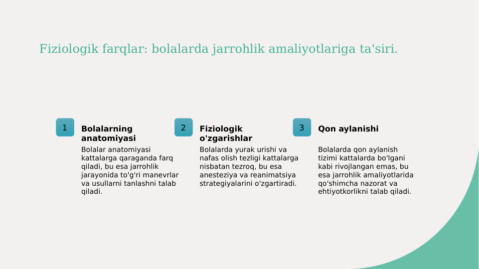 Fiziologik farqlar: bolalarda jarrohlik amaliyotlariga ta'siri.
1
Bolalarning 
anatomiyasi
Bolalar anatomiyasi 
kattalarga qaraganda farq 
qiladi, bu esa jarrohlik 
jarayonida to'g'ri manevrlar 
va usullarni tanlashni talab 
qiladi.
2
Fiziologik 
o'zgarishlar
Bolalarda yurak urishi va 
nafas olish tezligi kattalarga 
nisbatan tezroq, bu esa 
anesteziya va reanimatsiya 
strategiyalarini o'zgartiradi.
3
Qon aylanishi
Bolalarda qon aylanish 
tizimi kattalarda bo'lgani 
kabi rivojlangan emas, bu 
esa jarrohlik amaliyotlarida 
qo'shimcha nazorat va 
ehtiyotkorlikni talab qiladi.
