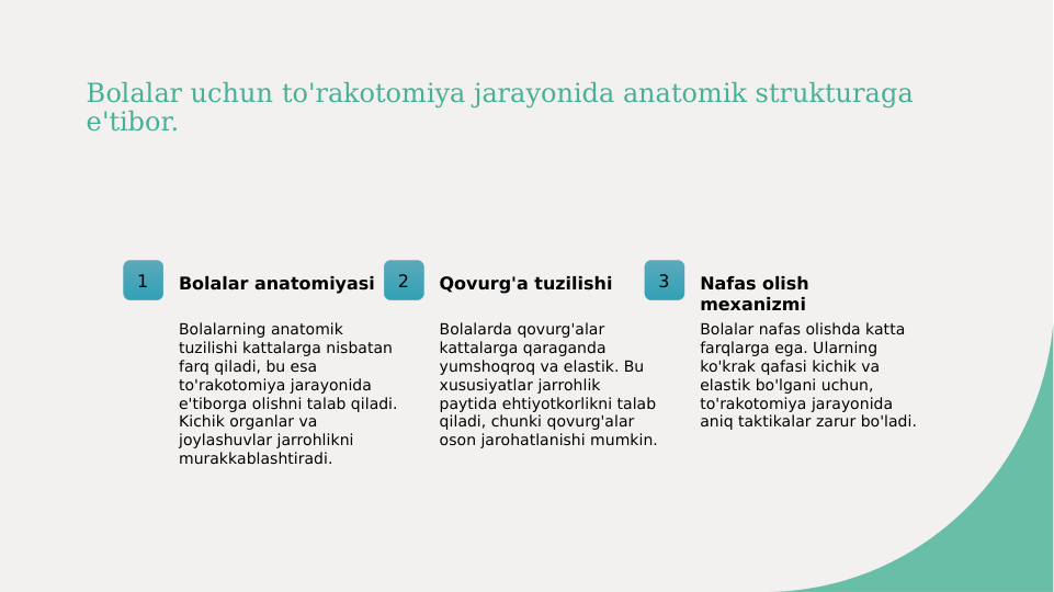 Bolalar uchun to'rakotomiya jarayonida anatomik strukturaga 
e'tibor.
1
Bolalar anatomiyasi
Bolalarning anatomik 
tuzilishi kattalarga nisbatan 
farq qiladi, bu esa 
to'rakotomiya jarayonida 
e'tiborga olishni talab qiladi. 
Kichik organlar va 
joylashuvlar jarrohlikni 
murakkablashtiradi.
2
Qovurg'a tuzilishi
Bolalarda qovurg'alar 
kattalarga qaraganda 
yumshoqroq va elastik. Bu 
xususiyatlar jarrohlik 
paytida ehtiyotkorlikni talab 
qiladi, chunki qovurg'alar 
oson jarohatlanishi mumkin.
3
Nafas olish 
mexanizmi
Bolalar nafas olishda katta 
farqlarga ega. Ularning 
ko'krak qafasi kichik va 
elastik bo'lgani uchun, 
to'rakotomiya jarayonida 
aniq taktikalar zarur bo'ladi.
