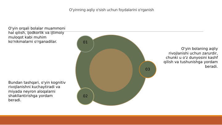 O'yinning aqliy o'sish uchun foydalarini o'rganish
O'yin bolaning aqliy 
rivojlanishi uchun zarurdir, 
chunki u o'z dunyosini kashf 
qilish va tushunishga yordam 
beradi.
01
02
03
O'yin orqali bolalar muammoni 
hal qilish, ijodkorlik va ijtimoiy 
muloqot kabi muhim 
ko'nikmalarni o'rganadilar.
Bundan tashqari, o'yin kognitiv 
rivojlanishni kuchaytiradi va 
miyada neyron aloqalarni 
shakllantirishga yordam 
beradi.
