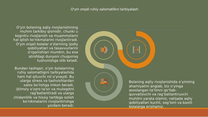 O'yin orqali ruhiy salomatlikni tarbiyalash
O'yin bolaning aqliy rivojlanishining 
muhim tarkibiy qismidir, chunki u 
kognitiv rivojlanish va muammolarni 
hal qilish ko'nikmalarini rivojlantiradi. 
O'yin orqali bolalar o'zlarining ijodiy 
qobiliyatlari va tasavvurlarini 
o'rganishlari mumkin, bu esa 
atrofdagi dunyoni chuqurroq 
tushunishga olib keladi.
Bundan tashqari, o'yin bolalarning 
ruhiy salomatligini tarbiyalashda 
ham hal qiluvchi rol o'ynaydi. Bu 
ularga stress va tashvishlardan 
xalos bo'lishga imkon beradi, 
ijtimoiy o'zaro ta'sir va muloqotni 
rag'batlantiradi va ularga 
chidamlilik va hissiy tartibga solish 
ko'nikmalarini rivojlantirishga 
yordam beradi.
Bolaning aqliy rivojlanishida o‘yinning 
ahamiyatini anglab, biz o‘yinga 
asoslangan ta’limni qo‘llab-
quvvatlovchi va rag‘batlantiruvchi 
muhitni yarata olamiz, natijada aqliy 
qobiliyatlari kuchli, sog‘lom va baxtli 
bolalarga erishamiz.
