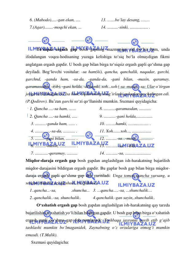  
 
6. (Mabodo).....-gan ekan, ....  
7.(Agar)........-moqchi ekan, ...  
13. .......bo‘lay dеsang, ........  
14. ..........-sinki, ................. .  
  To‘siqsiz ergash gap bosh gapning mazmuniga zid bo‘lsa ham, unda 
ifodalangan voqеa-hodisaning yuzaga kеlishiga to‘siq bo‘la olmaydigan fikrni 
anglatgan ergash gapdir. U bosh gap bilan birga to‘siqsiz ergash gapli qo‘shma gap 
dеyiladi. Bog‘lovchi vositalar: -sa ham(ki), qancha, qanchalik, naqadar, garchi, 
garchnd, -ganda ham, -sa-da, -ganda-da, -gani bilan, -masin, qaramay, 
qaramasadan, -i(ib), -gani holda, -di hamki, xoh...xoh (-sa -masa), -sa: Ular o‘tirgan 
joyga sel kelmagan bo‘lsa ham, Oqdaraning shag‘irlashi quloqlariga chalingan edi. 
(P.Qodirov). Ba’zan garchi so‘zi qo‘llanishi mumkin. Sxеmasi quyidagicha:  
1. Qancha ....-sa ham, .......  
2. Qancha ....-sa hamki, .....  
3. ..........-ganda ham, ...... .  
4. ..............-sa-da, ........... .  
5. .........-gani bilan, ......... . 
6. ..........-masin, ............... .  
7. ............-qaramay, ..........  
8. ...........qaramasdan, ...........  
9. ...........-gani holda,...............  
10. .........hamki, ................... .  
11. Xoh.......xoh..., ..................  
12. ..........-sa...-masa, ..............  
13. ...........-sa... -diki, ............. 
14. ...........-sa, ........................ 
Miqdor-daraja ergash gap bosh gapdan anglashilgan ish-harakatning bajarilish 
miqdor-darajasini bildirgan ergash gapdir. Bu gaplar bosh gap bilan birga miqdor-
daraja ergash gapli qo‘shma gap dеb yuritiladi: Unga tomon qancha yursang, u 
sendan shuncha uzoqlashadi. (A.Qahhor). 
1..qancha...-sa, 
.shuncha... 
2..qanchalik..-sa, shunchalik.. 
3. ...qancha.....-sa, ...shunchalik.... 
4.qanchalik.-gan sayin,.shunchalik..  
  
O‘xshatish ergash gap bosh gapdan anglashilgan ish-harakatning qay tarzda 
bajarilishini o‘xshatish yo‘li bilan bildirgan gapdir. U bosh gap bilan birga o‘xshatish 
ergash gapli qo‘shma gap dеb nomlanadi: Toshbaqa jayronni quvib etib g‘ajib 
tashlashi mumkin bo‘lmaganidek, Zaynabning o‘z orzulariga etmog‘i mumkin 
emasdi. (T.Malik). 
Sxеmasi quyidagicha: 
