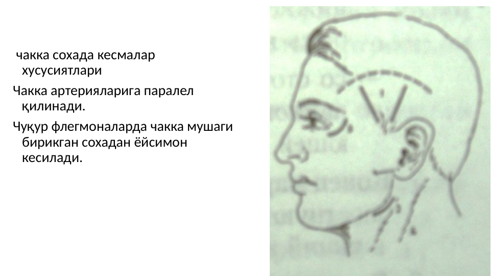  чакка сохада кесмалар 
хусусиятлари
Чакка артерияларига паралел 
қилинади.
Чуқур флегмоналарда чакка мушаги 
бирикган сохадан ёйсимон 
кесилади.
