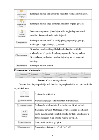 10 
 
 
Tanlangan rasmni old konturga, matndan oldinga olib chiqish. 
 
Tanlangan rasmni orqa konturga, matndan orqaga qo‘yish 
 
Выделение oynasini (chapda) ochish. Xujjatdagi rasmlarni 
yashirish, ko‘rsatish xolatlarini bajarish. 
 
Tanlangan rasmni sahifani turli joylariga (yuqoriga, pastga, 
markazga, o‘ngga, chapga,...) joylash. 
 
Bir nechta rasmlarni birgalikda harakatlanishi, surilishi, 
o‘lchamlarini o‘zgartirish uchun gruppalash. Buning uchun 
Ctrl+sichqon yordamida rasmlarni ajrating va bu buyruqni 
bajaring. 
 Tanlangan rasmni burish. 
Ссылки menyu buyruqlari 
 
8-rasm. Ссылка menyu lentasi. 
Ссылка lenta buyruqlarini jadval shaklida buyruq ko‘rinishi va izoxi tartibida 
quyida keltiramiz: 
 
Sarlavxalarni kiritish 
 
Uchta darajadagi sarlavxalardan biri tanlanadi. 
 
Sarlavxalarni almashtirish rejimlaridan birini tanlash. 
 
Snoskalar qo‘yish. Matndagi ayrim so‘zlarga izox berish, 
sitata manbalarini ko‘rsatish snoska bo‘ladi. Snoskali so‘z 
tepasiga raqam bilan snoska raqami qo‘yiladi. 
 
Snoskani i tartibida qo‘yish 
 
Snoskalarga ketma-ket o‘tish (ko‘rish) 
