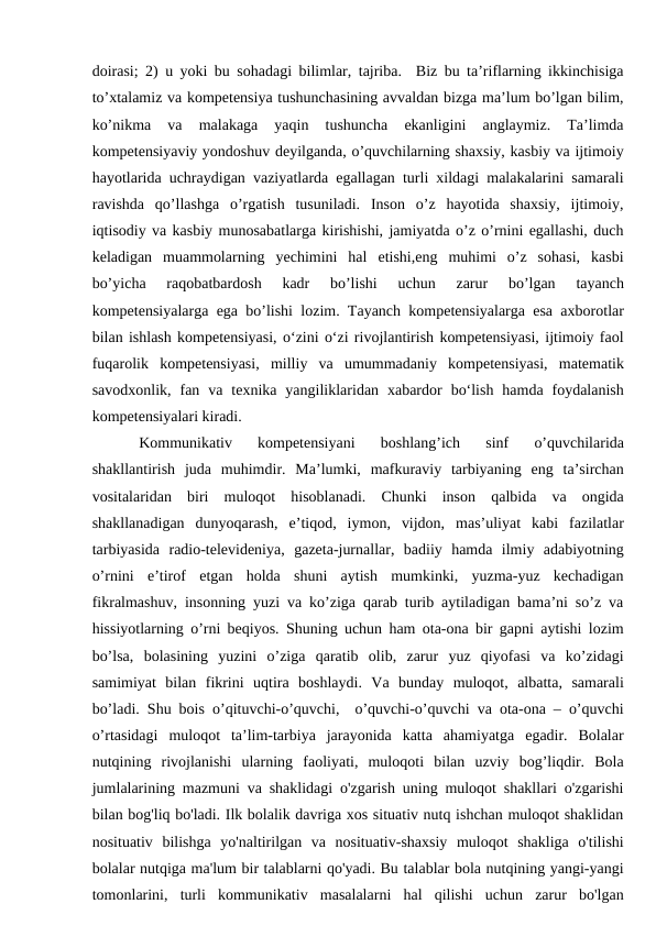 doirasi; 2) u yoki bu sohadagi bilimlar, tajriba.  Biz bu ta’riflarning ikkinchisiga
to’xtalamiz va kompetensiya tushunchasining avvaldan bizga ma’lum bo’lgan bilim,
ko’nikma  va  malakaga  yaqin  tushuncha  ekanligini  anglaymiz.  Ta’limda
kompetensiyaviy yondoshuv deyilganda, o’quvchilarning shaxsiy, kasbiy va ijtimoiy
hayotlarida uchraydigan vaziyatlarda egallagan turli xildagi malakalarini samarali
ravishda  qo’llashga  o’rgatish  tusuniladi.  Inson  o’z  hayotida  shaxsiy,  ijtimoiy,
iqtisodiy va kasbiy munosabatlarga kirishishi, jamiyatda o’z o’rnini egallashi, duch
keladigan  muammolarning  yechimini  hal  etishi,eng  muhimi  o’z  sohasi,  kasbi
bo’yicha  raqobatbardosh  kadr  bo’lishi  uchun  zarur  bo’lgan  tayanch
kompetensiyalarga ega bo’lishi lozim. Tayanch kompetensiyalarga esa axborotlar
bilan ishlash kompetensiyasi, o‘zini o‘zi rivojlantirish kompetensiyasi, ijtimoiy faol
fuqarolik  kompetensiyasi,  milliy  va  umummadaniy  kompetensiyasi,  matematik
savodxonlik,  fan  va  texnika  yangiliklaridan  xabardor  bo‘lish  hamda  foydalanish
kompetensiyalari kiradi. 
Kommunikativ  kompetensiyani  boshlang’ich  sinf  o’quvchilarida
shakllantirish  juda  muhimdir.  Ma’lumki,  mafkuraviy  tarbiyaning  eng  ta’sirchan
vositalaridan  biri  muloqot  hisoblanadi.  Chunki  inson  qalbida  va  ongida
shakllanadigan  dunyoqarash,  e’tiqod,  iymon,  vijdon,  mas’uliyat  kabi  fazilatlar
tarbiyasida  radio-televideniya,  gazeta-jurnallar,  badiiy  hamda  ilmiy  adabiyotning
o’rnini  e’tirof  etgan  holda  shuni  aytish  mumkinki,  yuzma-yuz  kechadigan
fikralmashuv, insonning yuzi va ko’ziga qarab turib aytiladigan bama’ni so’z va
hissiyotlarning o’rni beqiyos. Shuning uchun ham ota-ona bir gapni aytishi lozim
bo’lsa,  bolasining  yuzini  o’ziga  qaratib  olib,  zarur  yuz  qiyofasi  va  ko’zidagi
samimiyat  bilan  fikrini  uqtira  boshlaydi.  Va  bunday  muloqot,  albatta,  samarali
bo’ladi. Shu bois o’qituvchi-o’quvchi,  o’quvchi-o’quvchi va ota-ona – o’quvchi
o’rtasidagi  muloqot  ta’lim-tarbiya  jarayonida  katta  ahamiyatga  egadir.  Bolalar
nutqining  rivojlanishi  ularning  faoliyati,  muloqoti  bilan  uzviy  bog’liqdir.  Bola
jumlalarining mazmuni va shaklidagi o'zgarish uning muloqot shakllari o'zgarishi
bilan bog'liq bo'ladi. Ilk bolalik davriga xos situativ nutq ishchan muloqot shaklidan
nosituativ  bilishga  yo'naltirilgan  va  nosituativ-shaxsiy  muloqot  shakliga  o'tilishi
bolalar nutqiga ma'lum bir talablarni qo'yadi. Bu talablar bola nutqining yangi-yangi
tomonlarini,  turli  kommunikativ  masalalarni  hal  qilishi  uchun  zarur  bo'lgan
