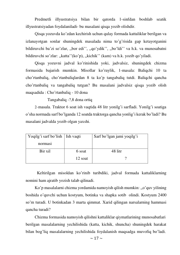 ~ 17 ~ 
 
Predmetli illyustratsiya bilan bir qatorda 1-sinfdan boshlab seatik 
illyustratsiyadan foydalaniladi- bu masalani qisqa yozib olishdir. 
Qisqa yozuvda ko’zdan kechirish uchun qulay formada kattaliklar berilgan va 
izlanayotgan sonlar shuningdek masalada nima to’g’risida gap ketayotganini 
bildiruvchi ba’zi so’zlar, ,,bor edi’’, ,,qo’ydik’’, ,,bo’ldi’’ va h.k. va munosabatni 
bildiruvchi so’zlar: ,,katta’’(ko’p), ,,kichik’’ (kam) va h.k. yozib qo’yiladi. 
Qisqa yozuvni jadval ko’rinishida yoki, jadvalsiz, shuningdek chizma 
formasida bajarish mumkin. Misollar ko’raylik, 1-masala: Baliqchi 10 ta 
cho’rtanbaliq, cho’rtanbaliqlardan 8 ta ko’p tangabaliq tutdi. Baliqchi qancha 
cho’rtanbaliq va tangabaliq tutgan? Bu masalani jadvalsiz qisqa yozib olish 
maqsadida : Cho’rtanbaliq - 10 dona 
Tangabaliq -?,8 dona ortiq 
2- masala. Traktor 6 soat ish vaqtida 48 litr yonilg’i sarfladi. Yonilg’i soatiga 
o’sha normada sarf bo’lganda 12 soatda traktorga qancha yonlig’i kerak bo’ladi? Bu 
masalani jadvalda yozib olgan yaxshi. 
 
 
Yoqilg’i sarf bo’lish 
normasi 
Ish vaqti 
Sarf bo’lgan jami yoqilg’i 
Bir xil 
6 soat 
12 soat 
48 litr 
? 
 
Keltirilgan misoldan ko’rinib turibdiki, jadval formada kattaliklarning 
nomini ham ajratib yozish talab qilinadi. 
Ko’p masalalarni chizma yordamida namoyish qilish mumkin: ,,o’quv yilining 
boshida o’quvchi uchun kostyum, botinka va shapka sotib olindi. Kostyum 2400 
so’m turadi. U botinkadan 3 marta qimmat. Xarid qilingan narsalarning hammasi 
qancha turadi? 
Chizma formasida namoyish qilishni kattaliklar qiymatlarining munosabatlari 
berilgan masalalarning yechilishida (katta, kichik, shuncha) shuningdek harakat 
bilan bog’liq masalalarning yechilishida foydalanish maqsadga muvofiq bo’ladi. 
