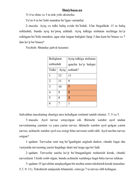 Ilmiybaza.uz 
3) 4 ta olma va 3 ta nok yoki aksincha; 
Ya’ni 6 ta bo’lishi mumkin bo’lgan variantlar. 
2–masala. Ayiq va tulki baliq ovida bo’lishdi. Ular birgalikda 13 ta baliq 
ushlashdi, bunda ayiq ko’proq ushladi. Ayiq tulkiga nisbatan nechtaga ko’p 
ushlagan bo’lishi mumkin, agar ular tutgan baliqlari farqi 3 dan kam bo’lmasa va 7 
dan ko’p bo’lmasa? 
Yechish: Shunday jadval tuzamiz: 
 
Baliqlarni 
ushlashdi 
Ayiq tulkiga nisbatan 
qancha ko’p baliqni 
ushladi? 
Tulki  Ayiq 
1 
12 
11 
2 
11 
9 
3 
10 
7 
4 
9 
5 
5 
8 
3 
6 
7 
1 
 
Jadvaldan masalaning shartiga mos keladigan sonlarni tanlab olamiz: 7; 5 va 3. 
3–masala. Ayol tarvuz sotayotgan edi. Birinchi xaridor ayol undan 
tarvuzlarning yarmini va yana yarim tarvuz, ikkinchi xaridor ayol qolgan yarim 
tarvuz, uchinchi xaridor ayol esa oxirgi bitta tarvuzni sotib oldi. Ayol nechta tarvuz 
sotgan? 
1–qadam: Tarvuzlar soni toq bo’lganligini anglash darkor, chunki faqat shu 
vaziyatda tarvuzning yarmi haqidagi shart ma’noga ega bo’ladi: 
2–qadam: Tarvuzlar uncha ko’p bo’lmaganligini tushunish kerak, chunki 
tarvuzlarni 3 kishi sotib olgan, bunda uchinchi xaridorga faqat bitta tarvuz tekkan.  
3–qadam: O’quvchilar aniqlaydigan bir nechta sonni tekshirish kerak (masalan: 
5,7, 9, 11). Tekshirish natijasida bilamizki, sotuvga 7 ta tarvuz olib kelingan. 
