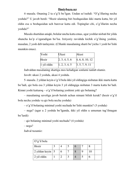 Ilmiybaza.uz 
4–masala. Onaning 2 ta o’g’li bo’lgan. Undan so’rashdi: “O’g’illaring necha 
yoshda?” U javob berdi: “Hozir ularning biri boshqasidan ikki marta katta, bir yil 
oldin esa u boshqasidan uch barovar katta edi. Topinglar–chi, o’g’illarim necha 
yoshda?” 
Masala shartidan aniqki, bolalar uncha katta emas, agar yoshlar nisbati bir yilda 
shuncha ko’p o’zgaradigan bo’lsa. Ixtiyoriy ravishda kichik o’g’ilning yoshini, 
masalan, 2 yosh deb tanlaymiz. (CHunki masalaning sharti bo’yicha 1 yosh bo’lishi 
mumkin emas). 
Yoshi  
Ukasi 
Akasi 
Hozir 
2, 3, 4, 5, 6 
4, 6, 8, 10, 12 
1 yil oldin 
1, 2, 3, 4, 5 
3, 5, 7, 9, 11 
Jadvaldan masalaning shartiga mos keladigan sonlarni tanlab olamiz. 
Javob: ukasi 2 yoshda, akasi 4 yoshda. 
5–masala. 2 yildan keyin o’g’il bola ikki yil oldingiga nisbatan ikki marta katta 
bo’ladi, qiz bola esa 3 yildan keyin 3 yil oldingiga nisbatan 3 marta katta bo’ladi. 
Kimni yoshi kattaroq – o’g’il bolaning yoshimi yoki qiz bolaning? 
– masalaning savoliga javob berish uchun nimani bilish kerak? (hozir o’g’il 
bola necha yoshda va qiz bola necha yoshda) 
– o’g’il bolaning minimal yoshi nechada bo’lishi mumkin? (3 yoshda) 
– nega? (agar u 2 yoshda bo’lganda, ikki yil oldin u umuman tug’ilmagan 
bo’lardi) 
– qiz bolaning minimal yoshi nechada? (4 yoshda) 
– nega? 
Jadval tuzamiz: 
 
O’g’il bola 
Hozir 
3 
4 
5 
6 
7 
8 
 
2 yildan keyin 5 
6 
7 
8 
9 
10 
 
2 yil oldin 
1 
2 
3 
4 
5 
6 
 
