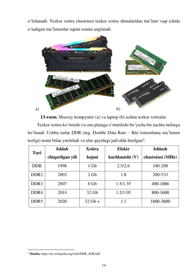 14 
 
oʻlchanadi. Tezkor xotira chastotasi tezkor xotira shinalaridan maʼlum vaqt ichida 
oʻtadigan maʼlumotlar oqimi sonini anglatadi. 
a) 
 b) 
 
13-rasm. Shaxsiy kompyuter (a) va laptop (b) uchun tezkor xotiralar. 
Tezkor xotira koʻrinishi va ona plataga oʻrnatilishi boʻyicha bir nachta turlarga 
boʻlinadi. Ushbu turlar DDR (ing. Double Data Rate – Ikki tomonlama ma’lumot 
tezligi) nomi bilan yuritiladi va ular quyidagi jadvalda berilgan2: 
Turi 
Ishlab 
chiqarilgan yili 
Xotira 
hajmi 
Elektr 
kuchlanishi (V) 
Ishlash 
chastotasi (MHz) 
DDR 
1998 
1 Gb 
2.5/2.6 
100-200 
DDR2 
2003 
2 Gb 
1.8 
200-533 
DDR3 
2007 
8 Gb 
1.5/1.35 
400-1066 
DDR4 
2014 
32 Gb 
1.2/1.05 
800-1600 
DDR5 
2020 
32 Gb + 
1.1 
1600-3600 
                                           
2 Manba: https://en.wikipedia.org/wiki/DDR_SDRAM 
