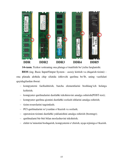 15 
 
 
14-rasm. Tezkor xotiraning ona plataga oʻrnatilishi boʻyicha farqlanishi. 
BIOS (ing. Basic Input/Output System – asosiy kiritish va chiqarish tizimi) – 
ona platada alohida chip sifatida ishlovchi qurilma bo‘lb, uning vazifalari 
quyidagilardan iborat: 
– kompyuterni faollashtirish, barcha elementlarini boshlang‘ich holatga 
keltirish; 
– kompyuter qurilmalarini dastlabki tekshiruvini amalga oshirish(POST-test); 
– kompyuter qurilma qismini dastlabki sozlash ishlarini amalga oshirish; 
– tizim resurslarini taqsimlash; 
– PCI qurilmalarini ro‘yxatdan o‘tkazish va sozlash; 
– operatsion tizimni dastlabki yuklanishini amalga oshirish (bootmgr); 
– qurilmalarni bir-biri bilan moslashuvini tekshirish; 
– elektr ta’minotini boshqarish, kompyuterni o‘chirish, uyqu rejimiga o‘tkazish. 
