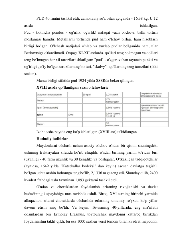 PUD 40 funtni tashkil etdi, zamonaviy so'z bilan aytganda - 16,38 kg. U 12 
asrda 
ishlatilgan. 
Pud - (lotincha pondus - og'irlik, og'irlik) nafaqat vazn o'lchovi, balki tortish 
moslamasi hamdir. Metalllarni tortishda pud ham o'lchov birligi, ham hisoblash 
birligi bo'lgan. O'lchash natijalari o'nlab va yuzlab pudlar bo'lganida ham, ular 
Berkovtsiga o'tkazilmadi. Orqaga XI-XII asrlarda. qo'llari teng bo'lmagan va qo'llari 
teng bo'lmagan har xil tarozilar ishlatilgan: "pud" - o'zgaruvchan tayanch punkti va 
og'irligi qat'iy bo'lgan tarozilarning bir turi, "skalvy" - qo'llarning teng tarozilari (ikki 
stakan). 
Massa birligi sifatida pud 1924 yilda SSSRda bekor qilingan. 
XVIII asrda qo'llanilgan vazn o'lchovlari: 
 
Izoh: o'sha paytda eng ko'p ishlatilgan (XVIII asr) ta'kidlangan 
Hududiy tadbirlar 
Maydonlarni o'lchash uchun asosiy o'lchov o'ndan bir qismi, shuningdek, 
ushrning fraktsiyalari sifatida ko'rib chiqildi: o'ndan birining yarmi, to'rtdan biri 
(uzunligi - 40 fatm uzunlik va 30 kenglik) va boshqalar. O'tkazilgan tadqiqotchilar 
(ayniqsa, 1649 yilda "Katedrallar kodeksi" dan keyin) asosan davlatga tegishli 
bo'lgan uchta arshin fathomga teng bo'lib, 2,1336 m ga teng edi. Shunday qilib, 2400 
kvadrat fathdagi ushr taxminan 1,093 gektarni tashkil etdi. 
O'ndan va choraklardan foydalanish erlarning rivojlanishi va davlat 
hududining ko'payishiga mos ravishda oshdi. Biroq, XVI asrning birinchi yarmida 
allaqachon erlarni choraklarda o'lchashda erlarning umumiy ro'yxati ko'p yillar 
davom etishi aniq bo'ldi. Va keyin, 16-asrning 40-yillarida, eng ma'rifatli 
odamlardan biri Ermolay Erasmus, to'rtburchak maydonni kattaroq birlikdan 
foydalanishni taklif qildi, bu esa 1000 sazhen verst tomoni bilan kvadrat maydonni 
