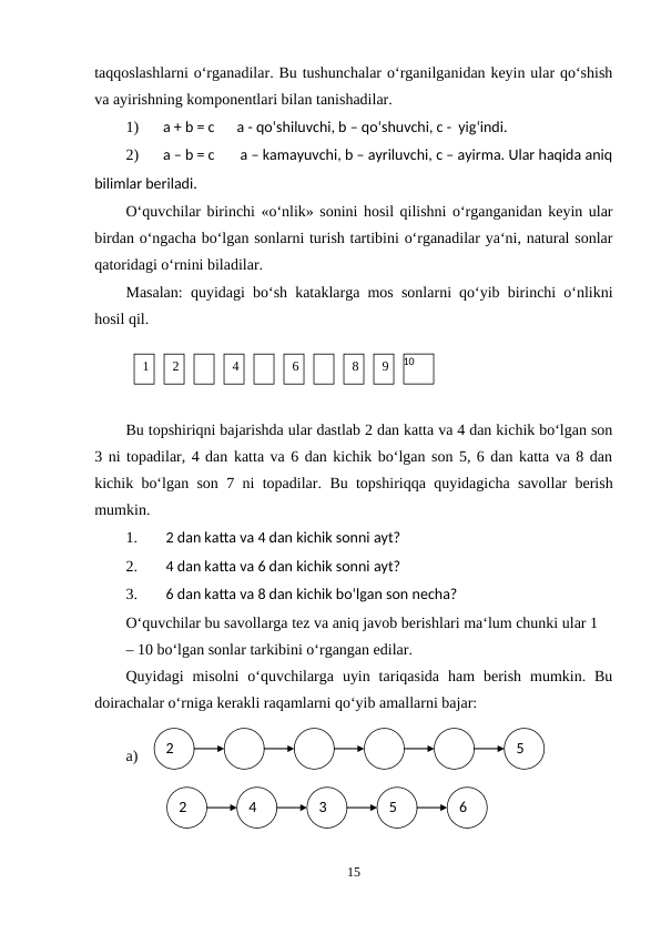 taqqoslashlarni o‘rganadilar. Bu tushunchalar o‘rganilganidan keyin ular qo‘shish
va ayirishning komponentlari bilan tanishadilar.
1)
a + b = c
a - qo‘shiluvchi, b – qo‘shuvchi, c - yig‘indi.
2)
a – b = c
a – kamayuvchi, b – ayriluvchi, c – ayirma. Ular haqida aniq
bilimlar beriladi.
O‘quvchilar birinchi «o‘nlik» sonini hosil qilishni o‘rganganidan keyin ular
birdan o‘ngacha bo‘lgan sonlarni turish tartibini o‘rganadilar ya‘ni, natural sonlar
qatoridagi o‘rnini biladilar.
Masalan: quyidagi bo‘sh kataklarga mos sonlarni qo‘yib birinchi o‘nlikni
hosil qil.
Bu topshiriqni bajarishda ular dastlab 2 dan katta va 4 dan kichik bo‘lgan son
3 ni topadilar, 4 dan katta va 6 dan kichik bo‘lgan son 5, 6 dan katta va 8 dan
kichik bo‘lgan son 7 ni topadilar.  Bu topshiriqqa quyidagicha savollar berish
mumkin.
1.
2 dan katta va 4 dan kichik sonni ayt?
2.
4 dan katta va 6 dan kichik sonni ayt?
3.
6 dan katta va 8 dan kichik bo‘lgan son necha?
O‘quvchilar bu savollarga tez va aniq javob berishlari ma‘lum chunki ular 1
– 10 bo‘lgan sonlar tarkibini o‘rgangan edilar.
Quyidagi  misolni  o‘quvchilarga  uyin  tariqasida  ham  berish  mumkin.  Bu
doirachalar o‘rniga kerakli raqamlarni qo‘yib amallarni bajar:
a)
15
2
5
1
2
4
6
8
9
10
2
4
3
5
6
