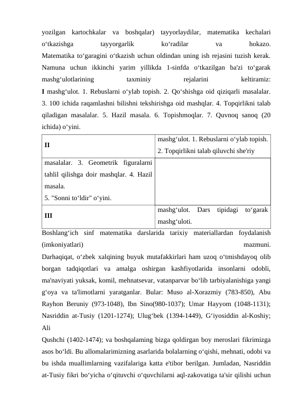yozilgan  kartochkalar  va  boshqalar)  tayyorlaydilar,  matematika  kechalari
o‘tkazishga
 
tayyorgarlik
 
ko‘radilar
 
va
 
hokazo.
Matematika to‘garagini o‘tkazish uchun oldindan uning ish rejasini tuzish kerak.
Namuna  uchun  ikkinchi  yarim  yillikda  1-sinfda  o‘tkazilgan  ba'zi  to‘garak
mashg‘ulotlarining
 
taxminiy
 
rejalarini
 
keltiramiz:
I mashg‘ulot. 1. Rebuslarni o‘ylab topish. 2. Qo‘shishga oid qiziqarli masalalar.
3. 100 ichida raqamlashni bilishni tekshirishga oid mashqlar. 4. Topqirlikni talab
qiladigan masalalar. 5. Hazil masala. 6. Topishmoqlar. 7. Quvnoq sanoq (20
ichida) o‘yini.
II 
mashg‘ulot. 1. Rebuslarni o‘ylab topish.
2. Topqirlikni talab qiluvchi she'riy
masalalar.  3.  Geometrik  figuralarni
tahlil qilishga doir mashqlar.  4. Hazil
masala.
5. "Sonni to‘ldir" o‘yini.
III 
mashg‘ulot.  Dars  tipidagi  to‘garak
mashg‘uloti.
Boshlang‘ich  sinf  matematika  darslarida  tarixiy  materiallardan  foydalanish
(imkoniyatlari)
 
mazmuni.
Darhaqiqat, o‘zbek xalqining buyuk mutafakkirlari ham uzoq o‘tmishdayoq olib
borgan  tadqiqotlari  va  amalga  oshirgan  kashfiyotlarida  insonlarni  odobli,
ma'naviyati yuksak, komil, mehnatsevar, vatanparvar bo‘lib tarbiyalanishiga yangi
g‘oya  va  ta'limotlarni  yaratganlar.  Bular:  Muso  al-Xorazmiy  (783-850),  Abu
Rayhon Beruniy (973-1048), Ibn Sino(980-1037); Umar Hayyom (1048-1131);
Nasriddin at-Tusiy (1201-1274); Ulug‘bek (1394-1449), G‘iyosiddin al-Koshiy;
Ali
Qushchi (1402-1474); va boshqalaming bizga qoldirgan boy meroslari fikrimizga
asos bo‘ldi. Bu allomalarimizning asarlarida bolalarning o‘qishi, mehnati, odobi va
bu ishda muallimlarning vazifalariga katta e'tibor berilgan. Jumladan, Nasriddin
at-Tusiy fikri bo‘yicha o‘qituvchi o‘quvchilarni aql-zakovatiga ta'sir qilishi uchun
