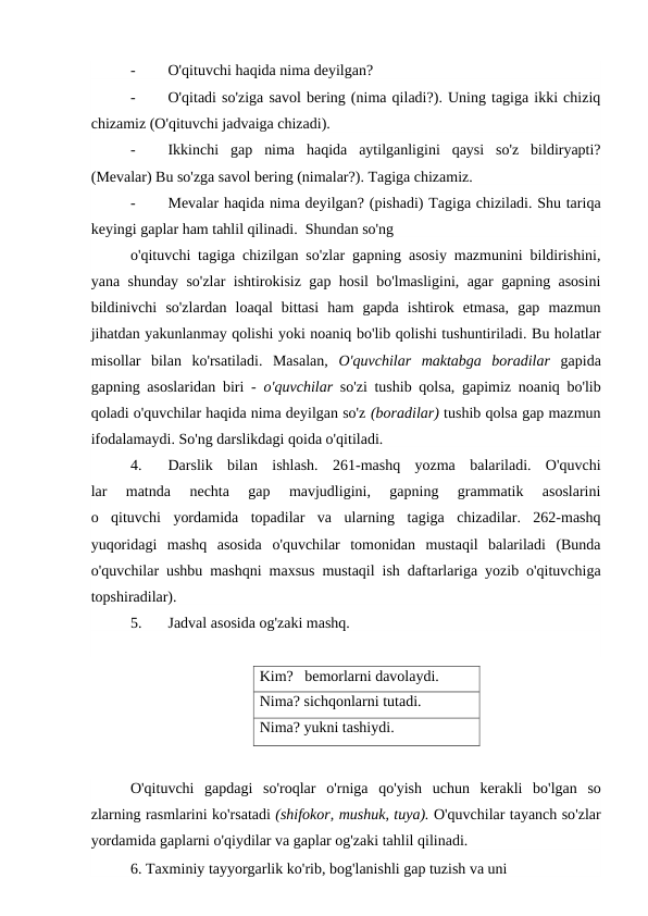 -
O'qituvchi haqida nima deyilgan?
-
O'qitadi so'ziga savol bering (nima qiladi?). Uning tagiga ikki chiziq
chizamiz (O'qituvchi jadvaiga chizadi).
-
Ikkinchi  gap  nima  haqida  aytilganligini  qaysi  so'z  bildiryapti?
(Mevalar) Bu so'zga savol bering (nimalar?). Tagiga chizamiz.
-
Mevalar haqida nima deyilgan? (pishadi) Tagiga chiziladi. Shu tariqa
keyingi gaplar ham tahlil qilinadi.  Shundan so'ng
o'qituvchi tagiga chizilgan so'zlar gapning asosiy mazmunini bildirishini,
yana shunday so'zlar ishtirokisiz gap hosil bo'lmasligini, agar gapning asosini
bildinivchi  so'zlardan  loaqal  bittasi  ham  gapda  ishtirok  etmasa,  gap  mazmun
jihatdan yakunlanmay qolishi yoki noaniq bo'lib qolishi tushuntiriladi. Bu holatlar
misollar  bilan  ko'rsatiladi.  Masalan,  O'quvchilar  maktabga  boradilar  gapida
gapning asoslaridan biri -  o'quvchilar  so'zi tushib qolsa, gapimiz noaniq bo'lib
qoladi o'quvchilar haqida nima deyilgan so'z (boradilar) tushib qolsa gap mazmun
ifodalamaydi. So'ng darslikdagi qoida o'qitiladi.
4.
Darslik  bilan  ishlash.  261-mashq  yozma  balariladi.  O'quvchi
lar  matnda  nechta  gap  mavjudligini,  gapning  grammatik  asoslarini
o  qituvchi  yordamida  topadilar  va  ularning  tagiga  chizadilar.  262-mashq
yuqoridagi  mashq  asosida  o'quvchilar  tomonidan  mustaqil  balariladi  (Bunda
o'quvchilar ushbu mashqni maxsus mustaqil ish daftarlariga yozib o'qituvchiga
topshiradilar).
5.
Jadval asosida og'zaki mashq.
Kim?   bemorlarni davolaydi.
Nima? sichqonlarni tutadi.
Nima? yukni tashiydi.
O'qituvchi gapdagi so'roqlar o'rniga qo'yish uchun kerakli bo'lgan so
zlarning rasmlarini ko'rsatadi (shifokor, mushuk, tuya). O'quvchilar tayanch so'zlar
yordamida gaplarni o'qiydilar va gaplar og'zaki tahlil qilinadi.
6. Taxminiy tayyorgarlik ko'rib, bog'lanishli gap tuzish va uni
